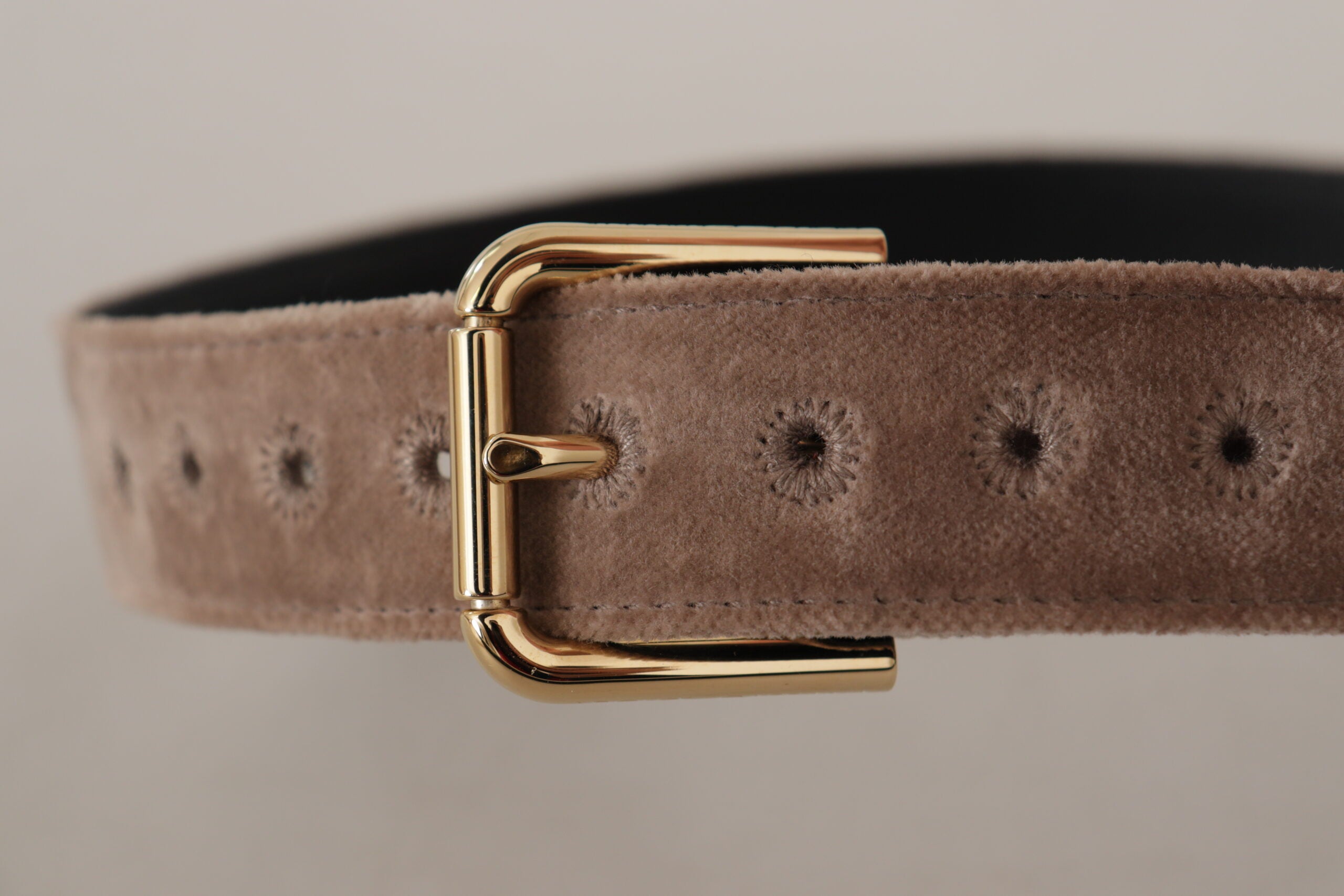 Light Brown Velvet Gold Tone Logo Metal Buckle Belt - ventzia