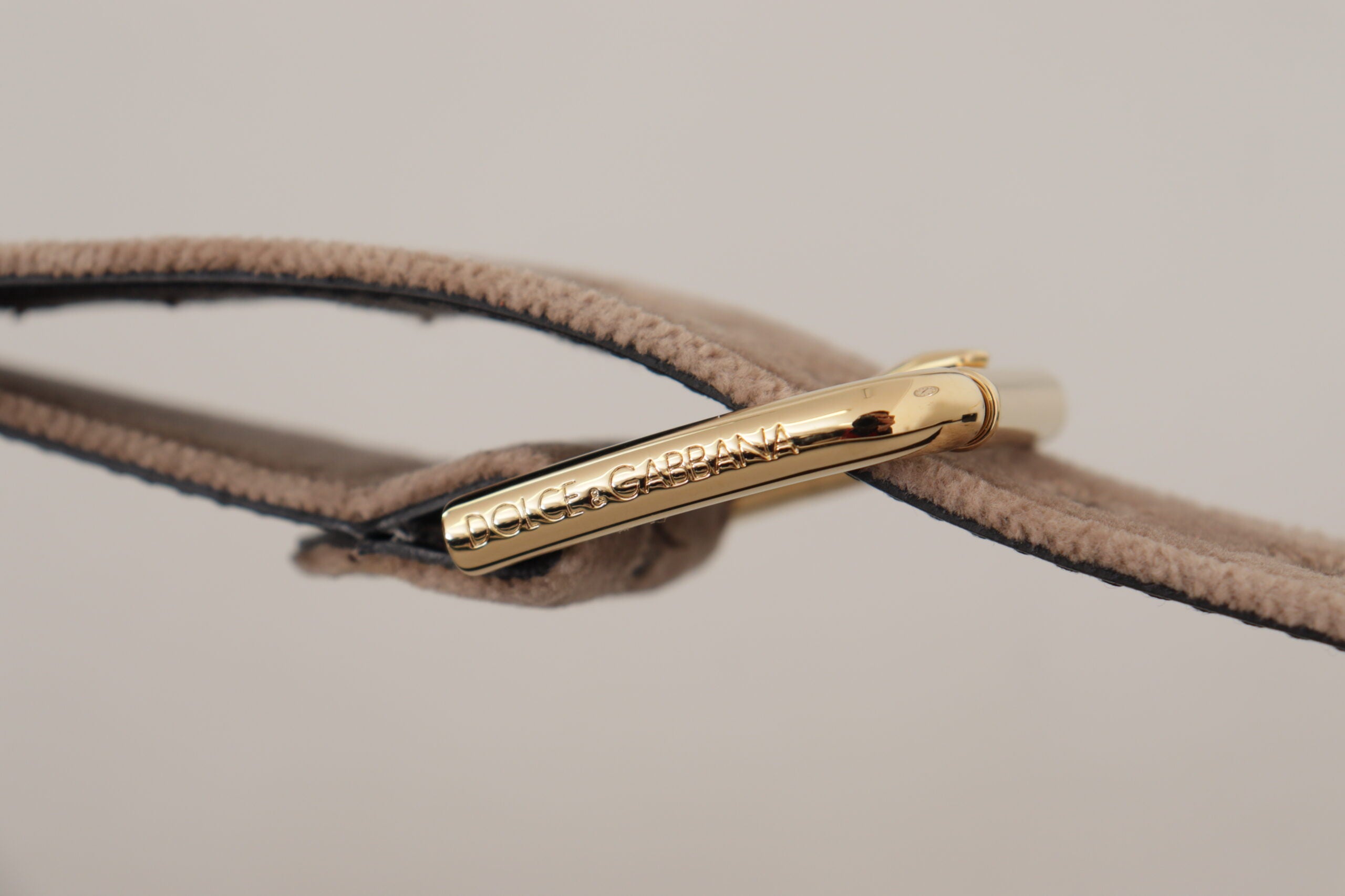 Light Brown Velvet Gold Tone Logo Metal Buckle Belt - ventzia