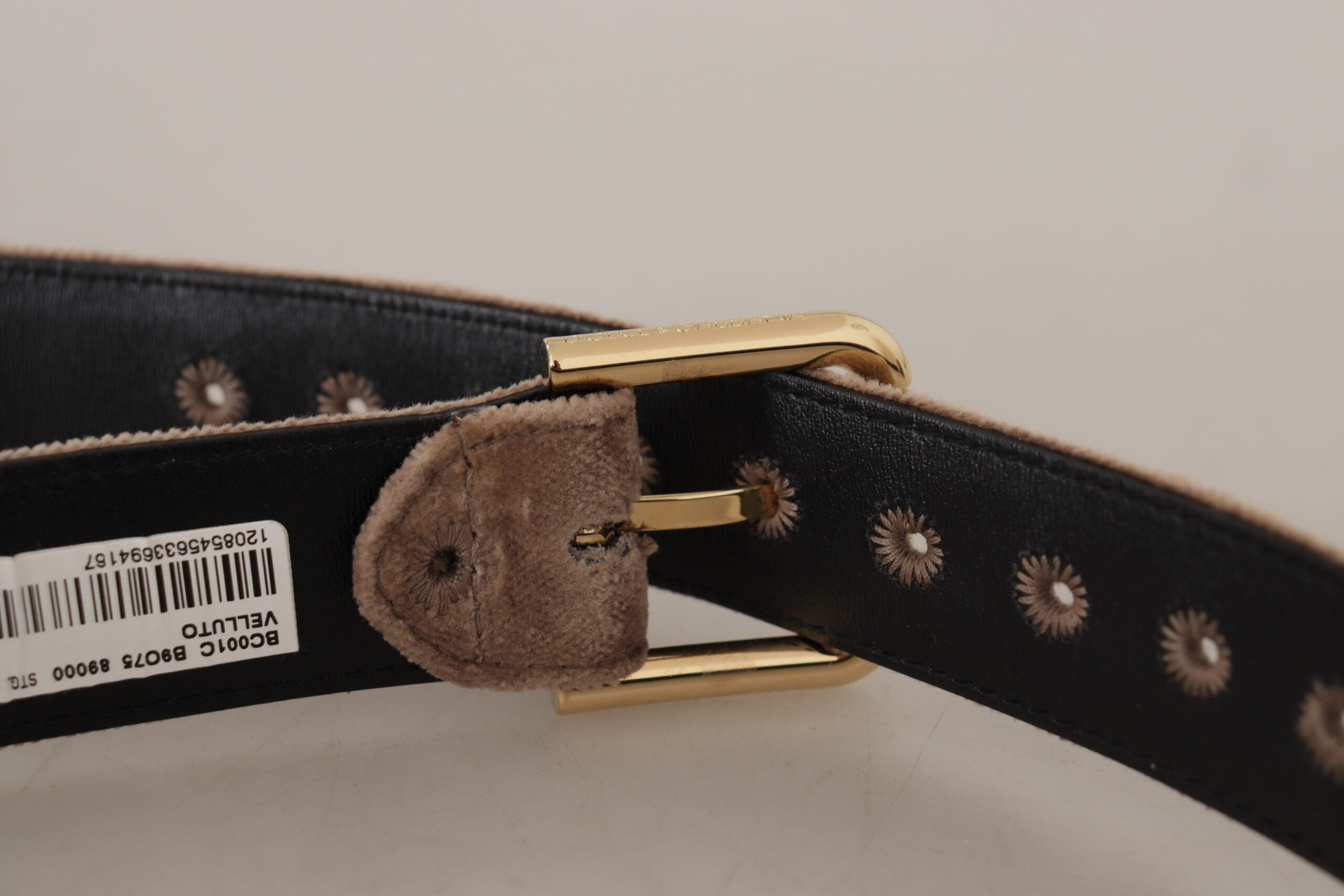 Light Brown Velvet Gold Tone Logo Metal Buckle Belt - ventzia