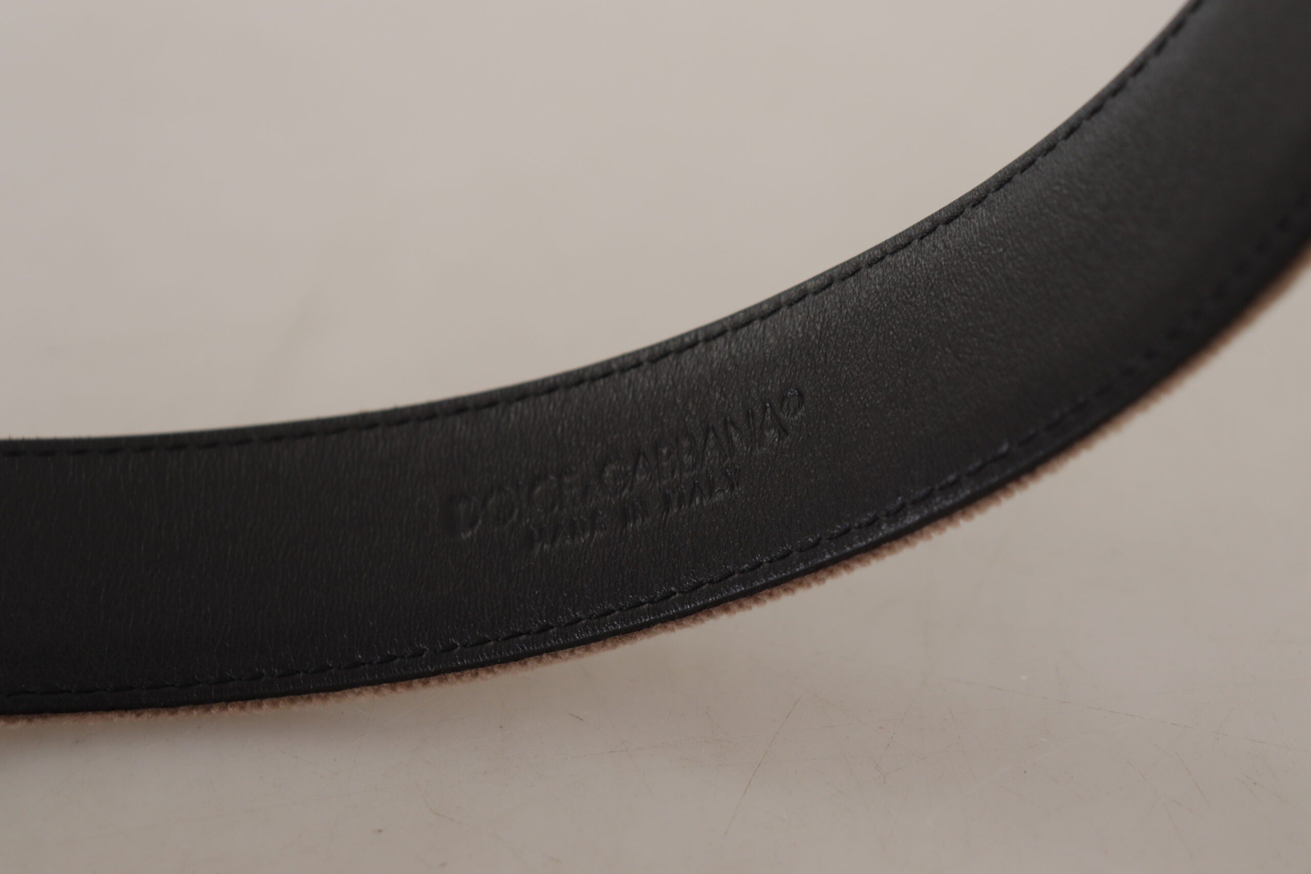 Light Brown Velvet Gold Tone Logo Metal Buckle Belt - ventzia