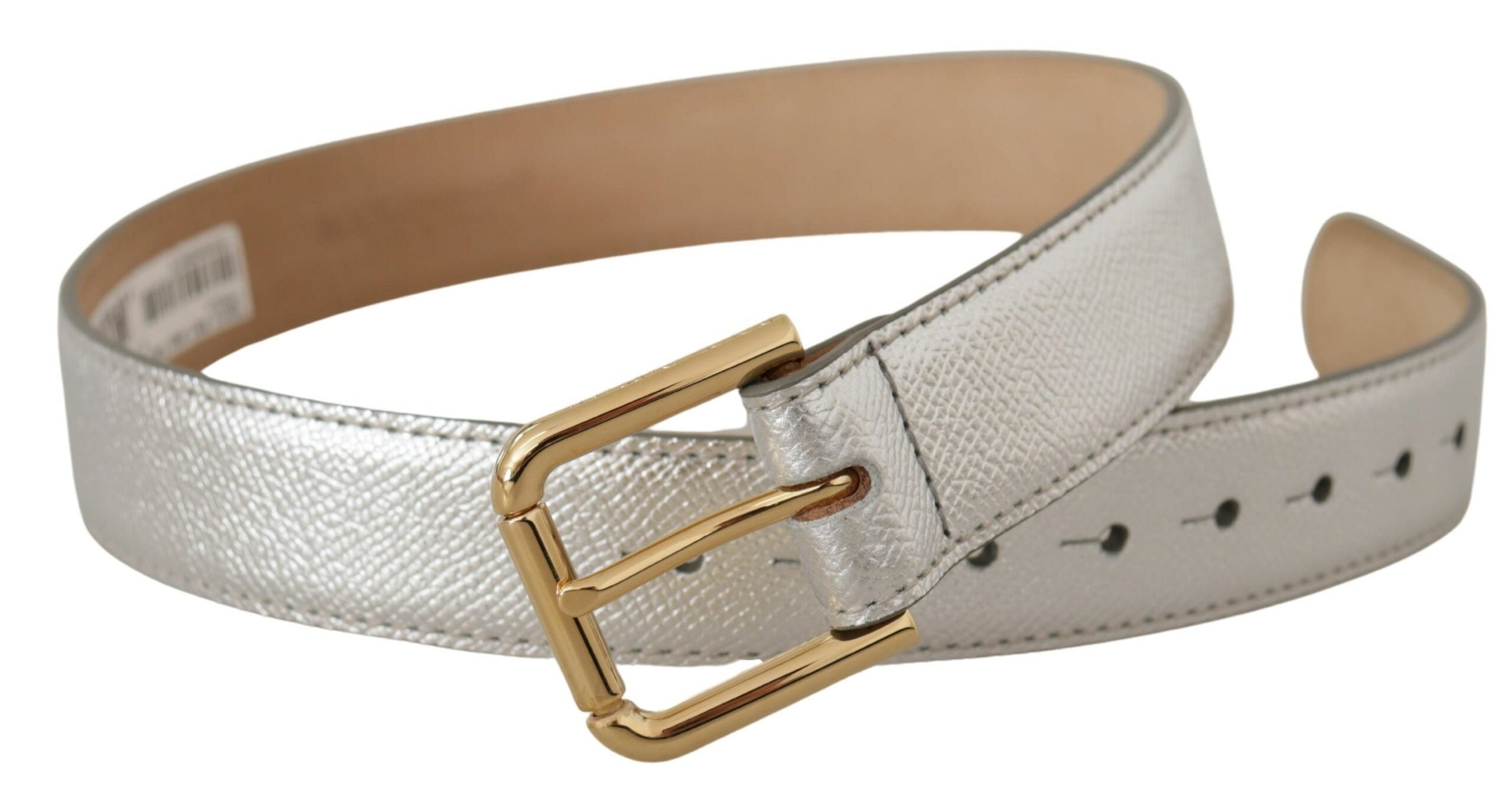 Silver Leather Gold Tone Logo Metal Waist Buckle Belt - ventzia