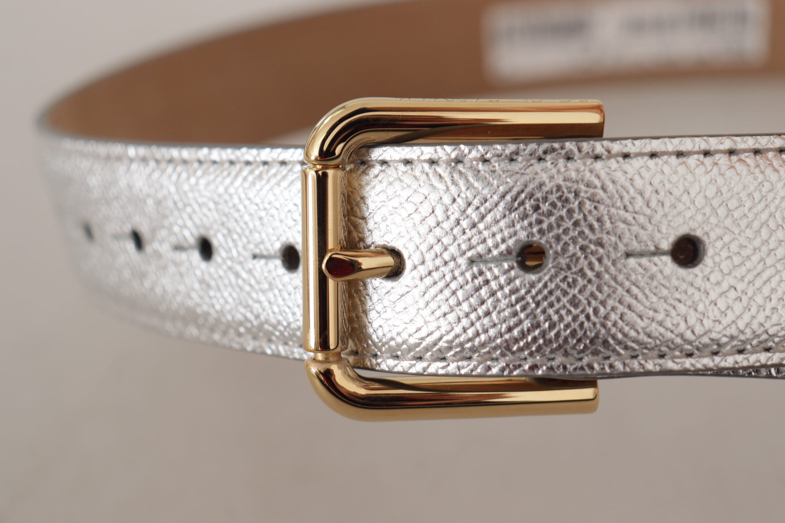 Silver Leather Gold Tone Logo Metal Waist Buckle Belt - ventzia