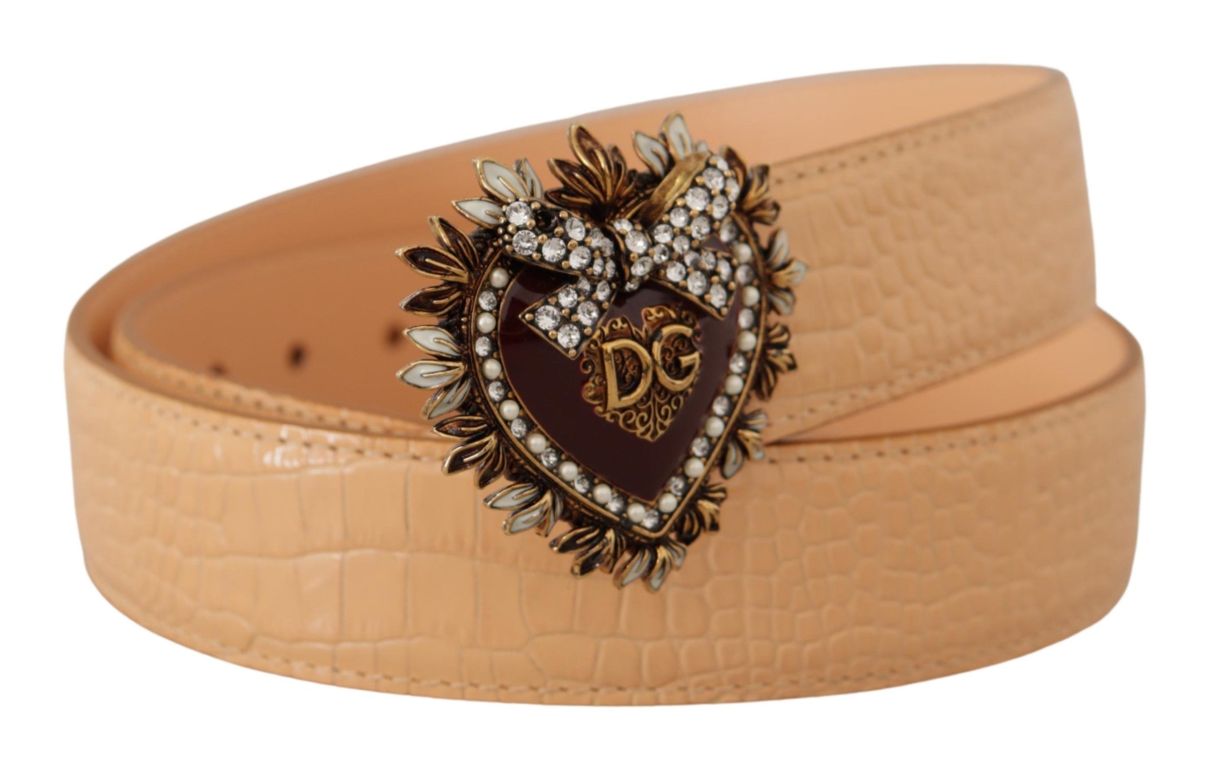 Beige Croc Pattern DEVOTION Heart DG Waist Buckle Belt - ventzia
