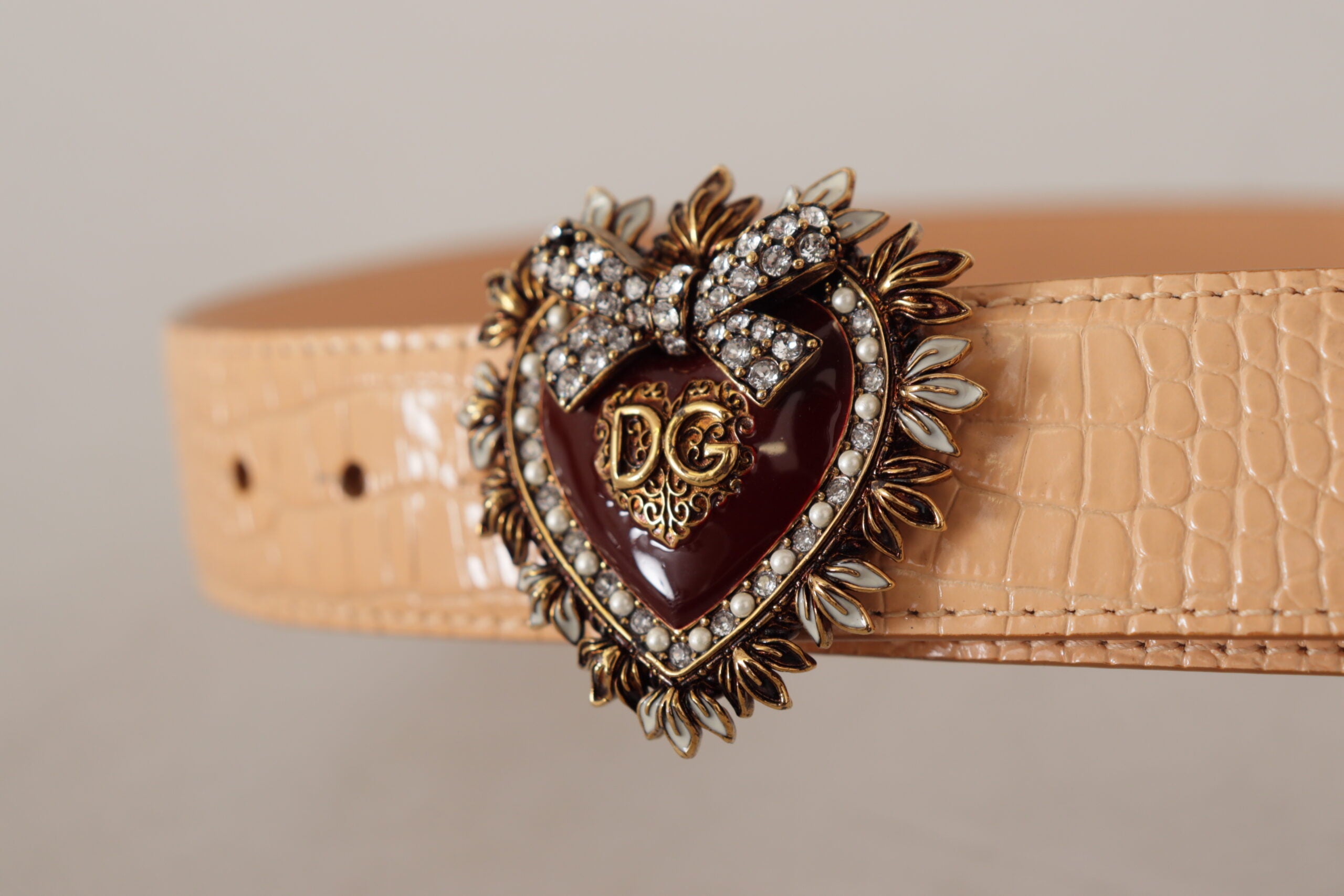 Beige Croc Pattern DEVOTION Heart DG Waist Buckle Belt - ventzia