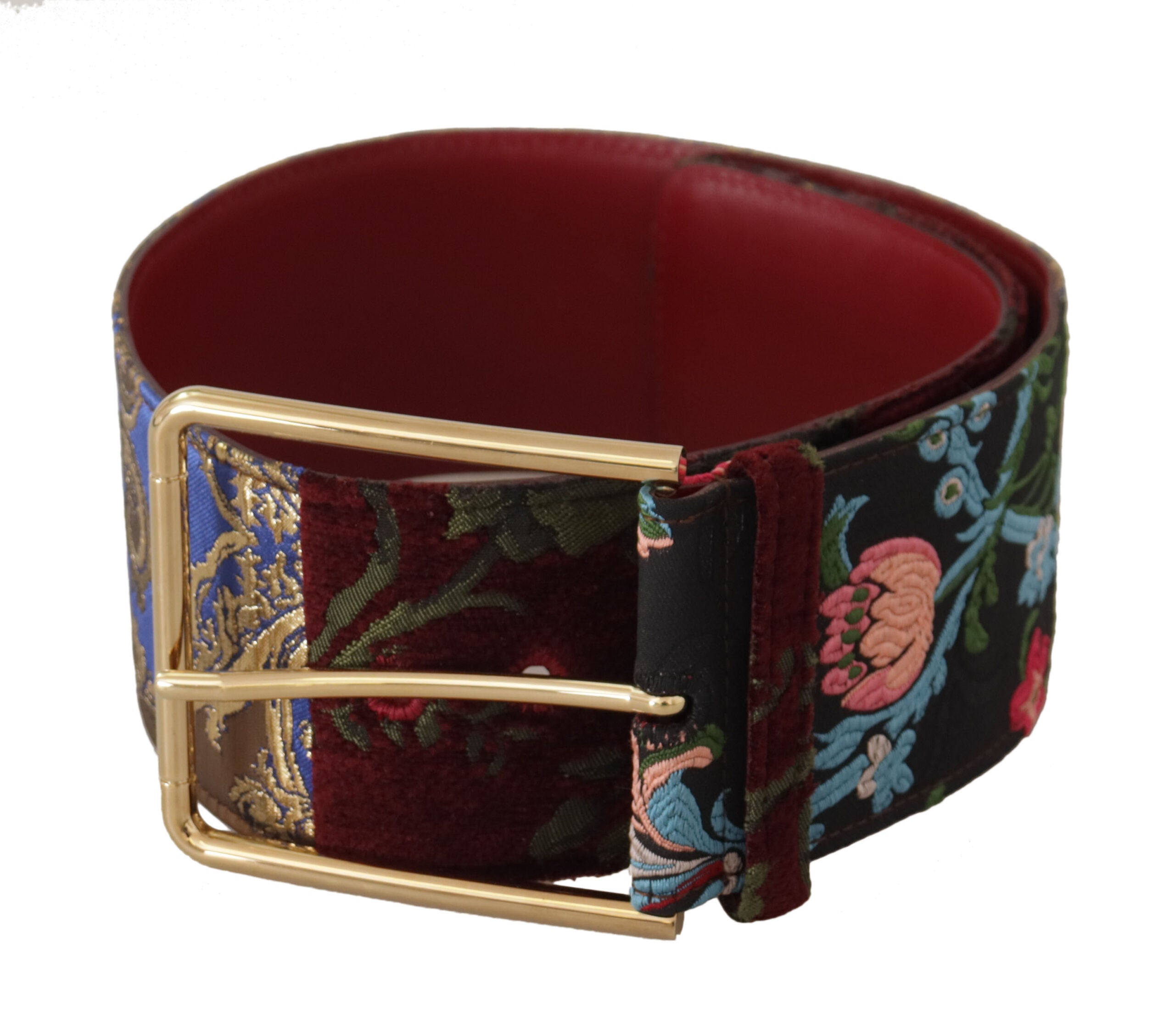 Red Embroidered Leather Gold Logo Metal Buckle Belt - ventzia