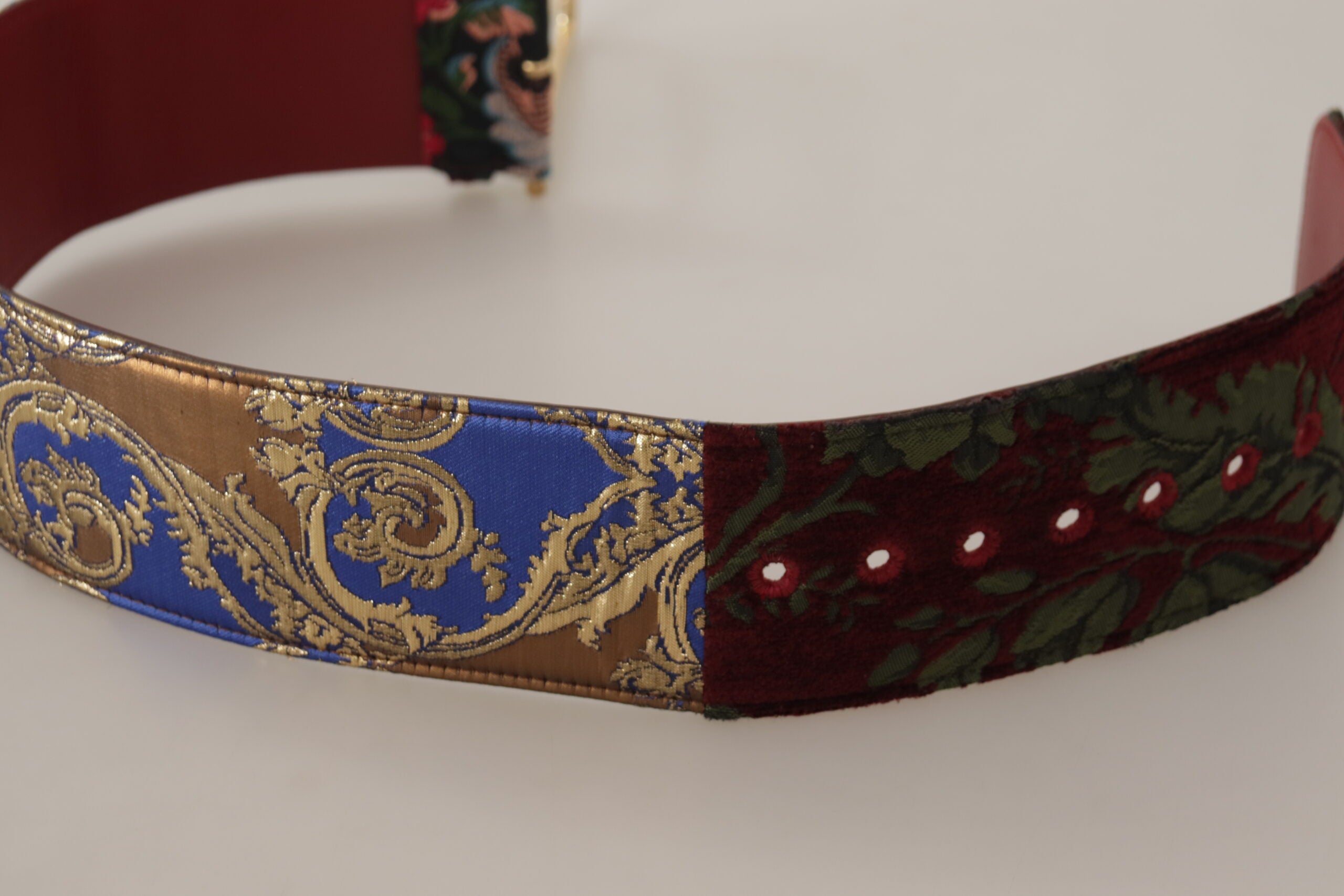Red Embroidered Leather Gold Logo Metal Buckle Belt - ventzia