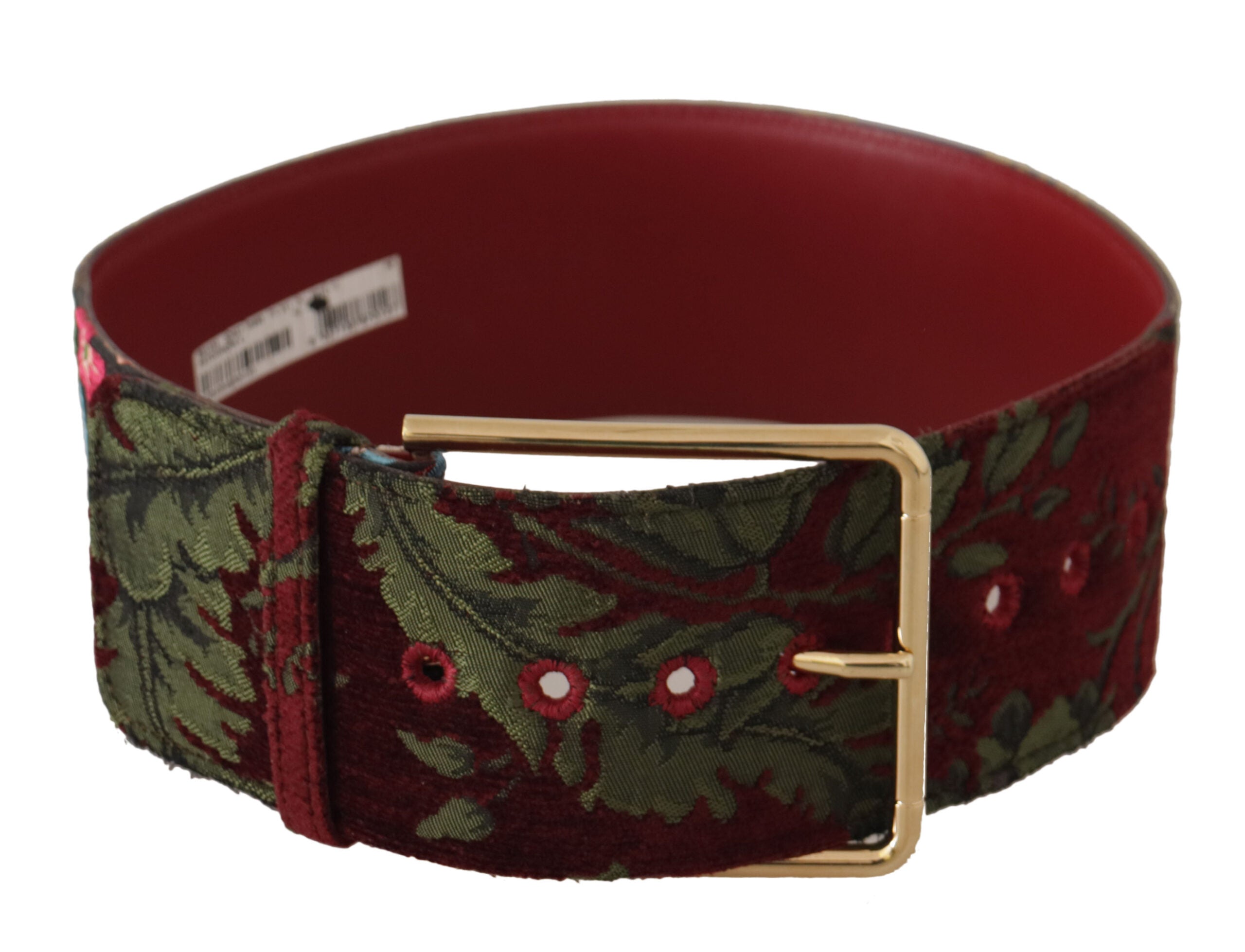 Red Embroidered Leather Gold Logo Metal Buckle Belt - ventzia