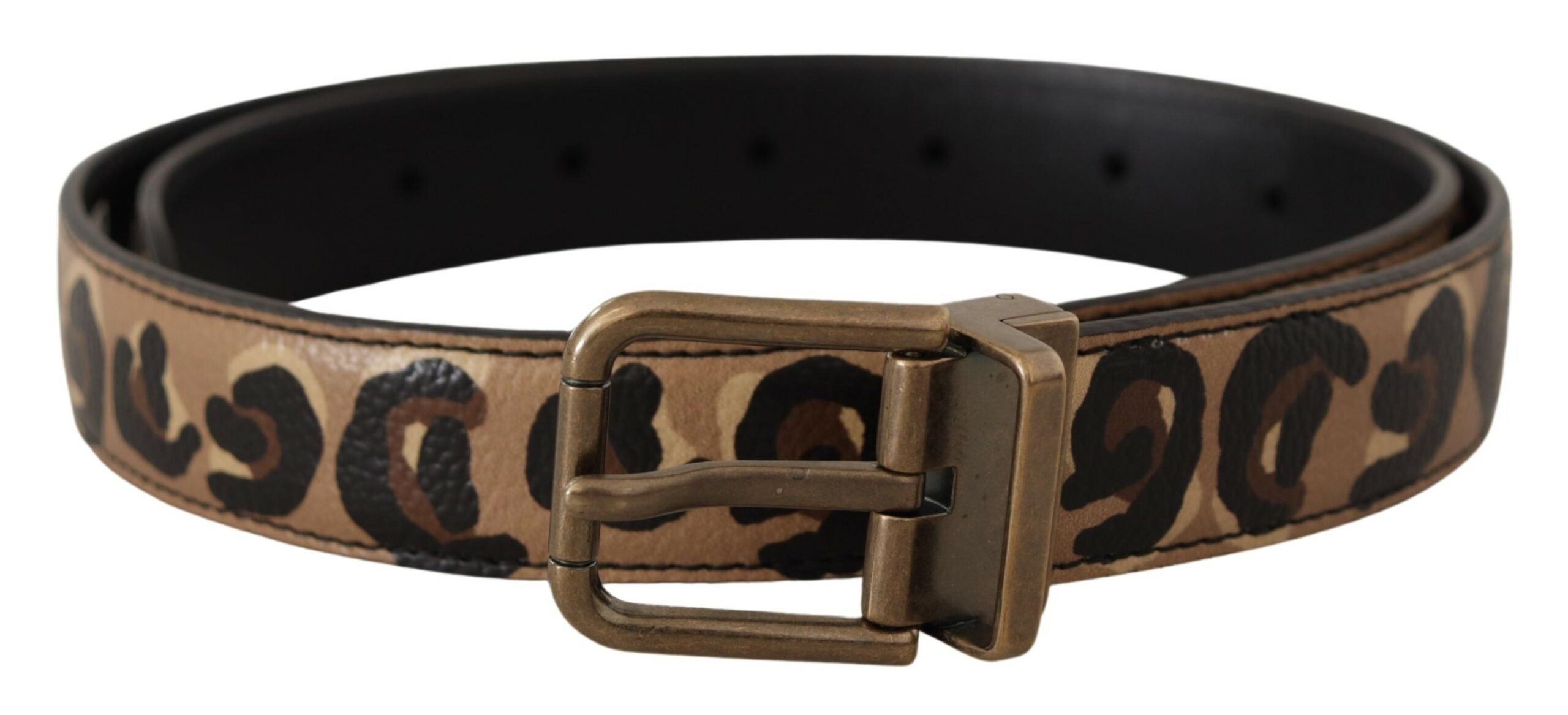 Brown Leather Leopard Print Bronze Metal Buckle Belt - ventzia