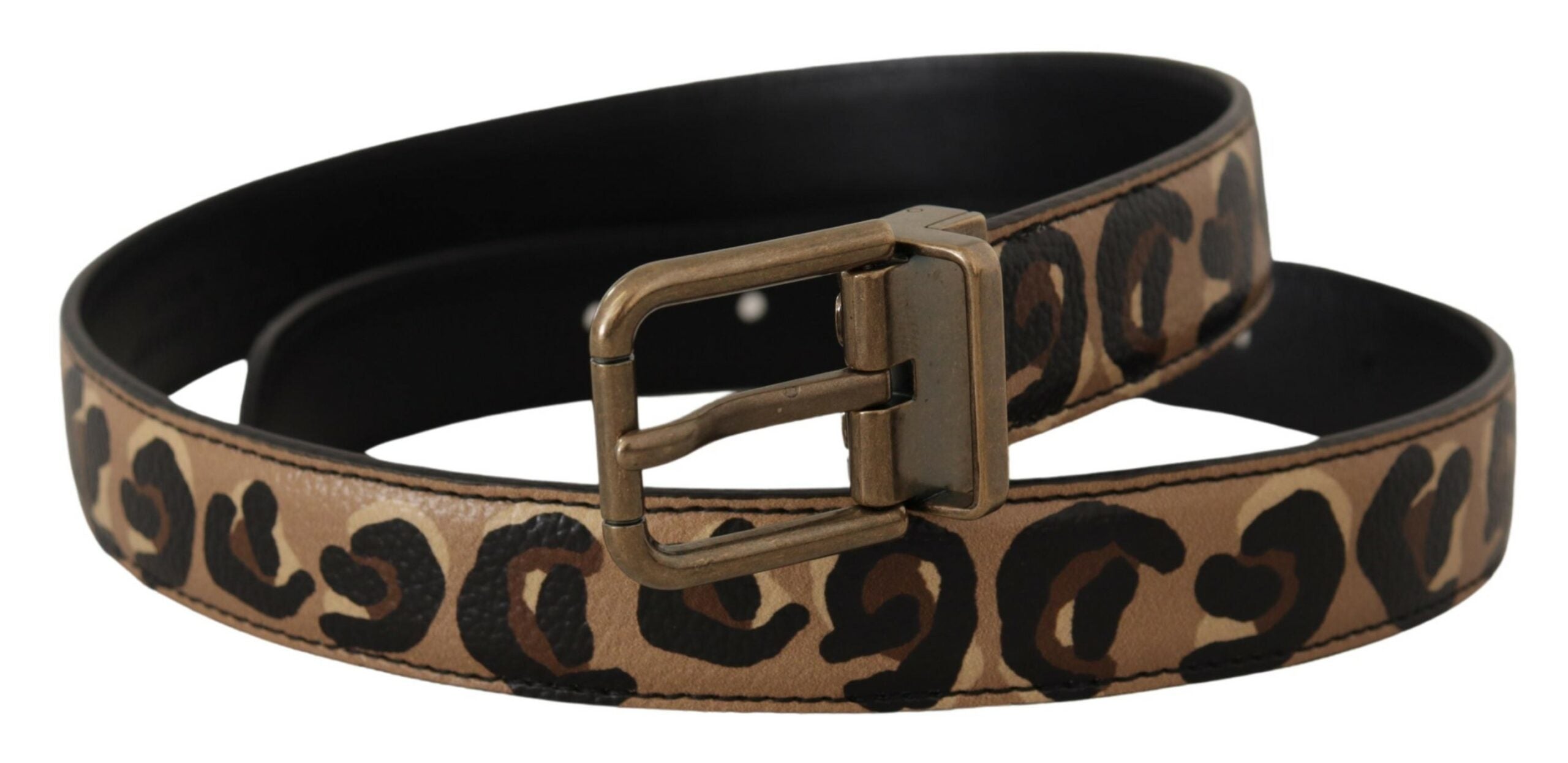 Brown Leather Leopard Print Bronze Metal Buckle Belt - ventzia