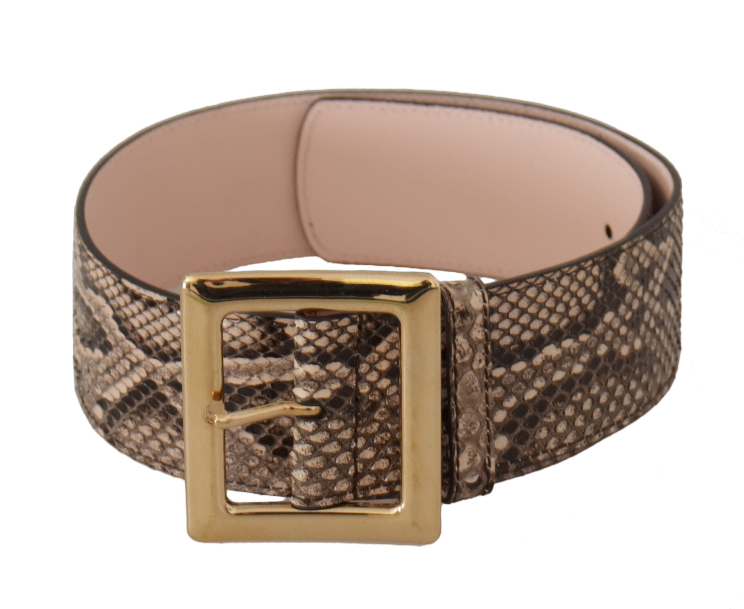 Beige Exotic Leather Wide Gold Metal Buckle Belt - ventzia