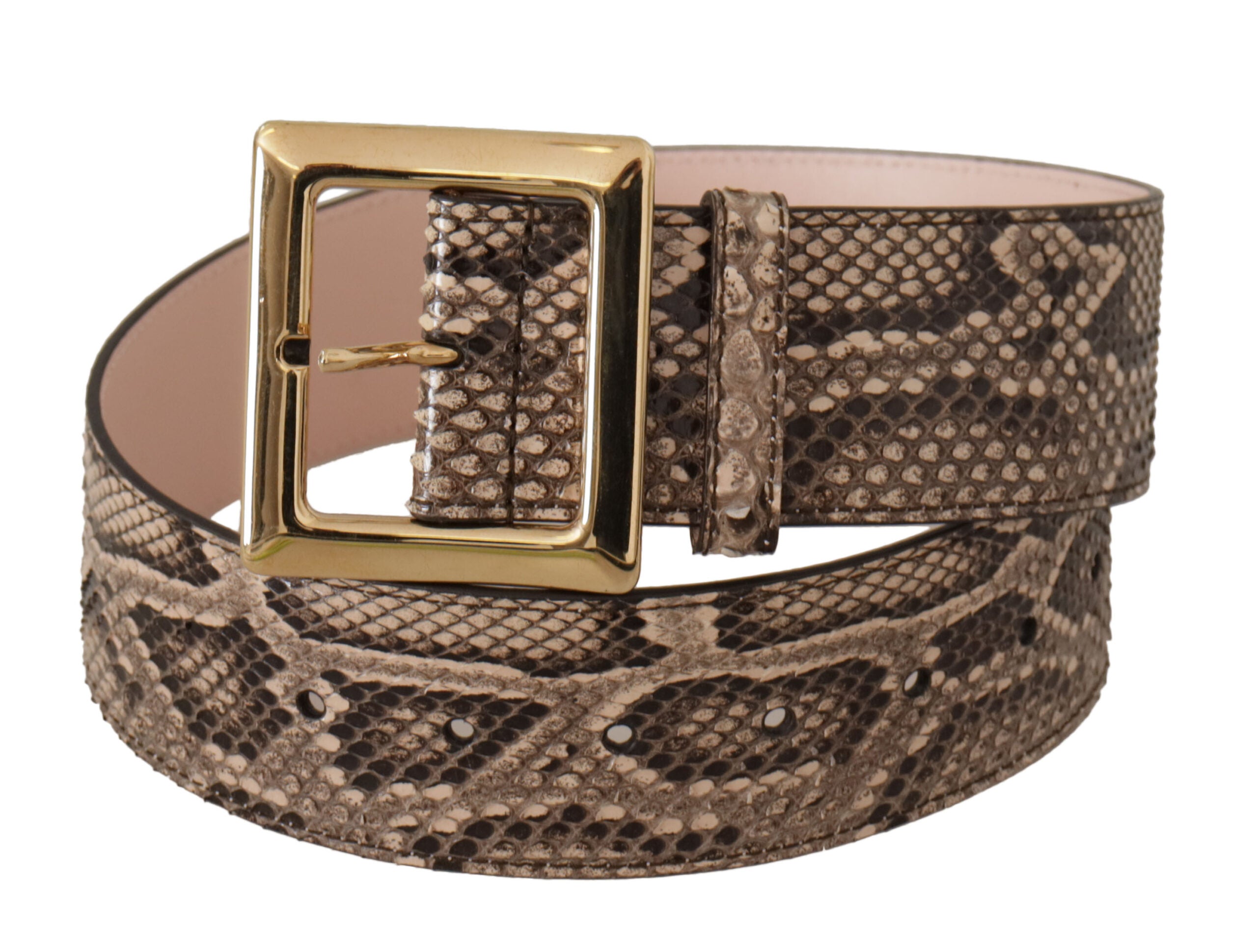 Beige Exotic Leather Wide Gold Metal Buckle Belt - ventzia