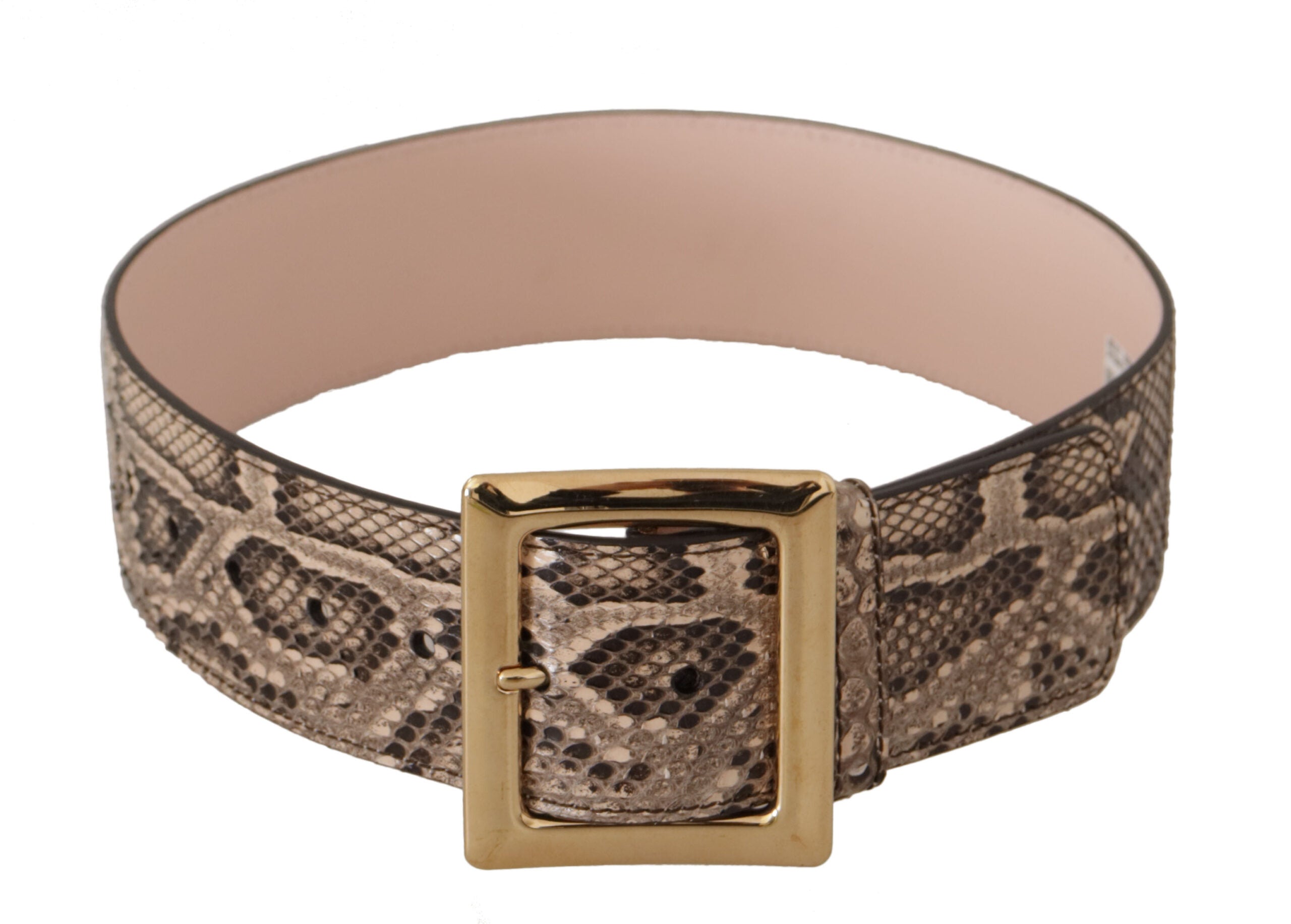 Beige Exotic Leather Wide Gold Metal Buckle Belt - ventzia