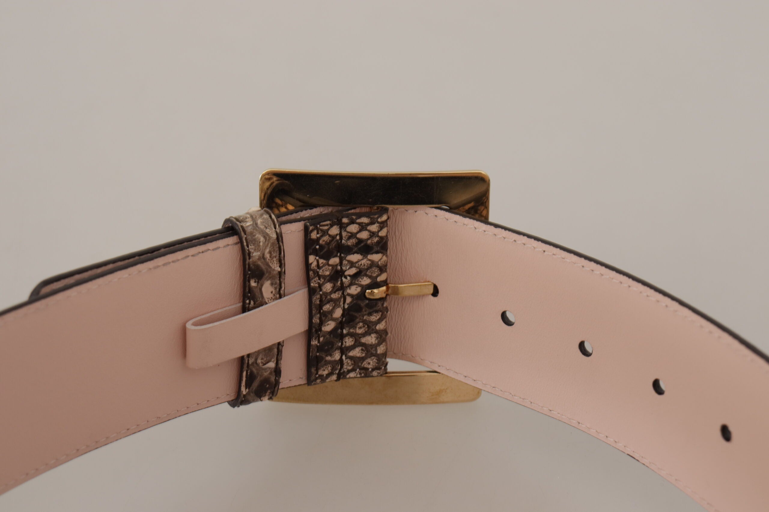 Beige Exotic Leather Wide Gold Metal Buckle Belt - ventzia