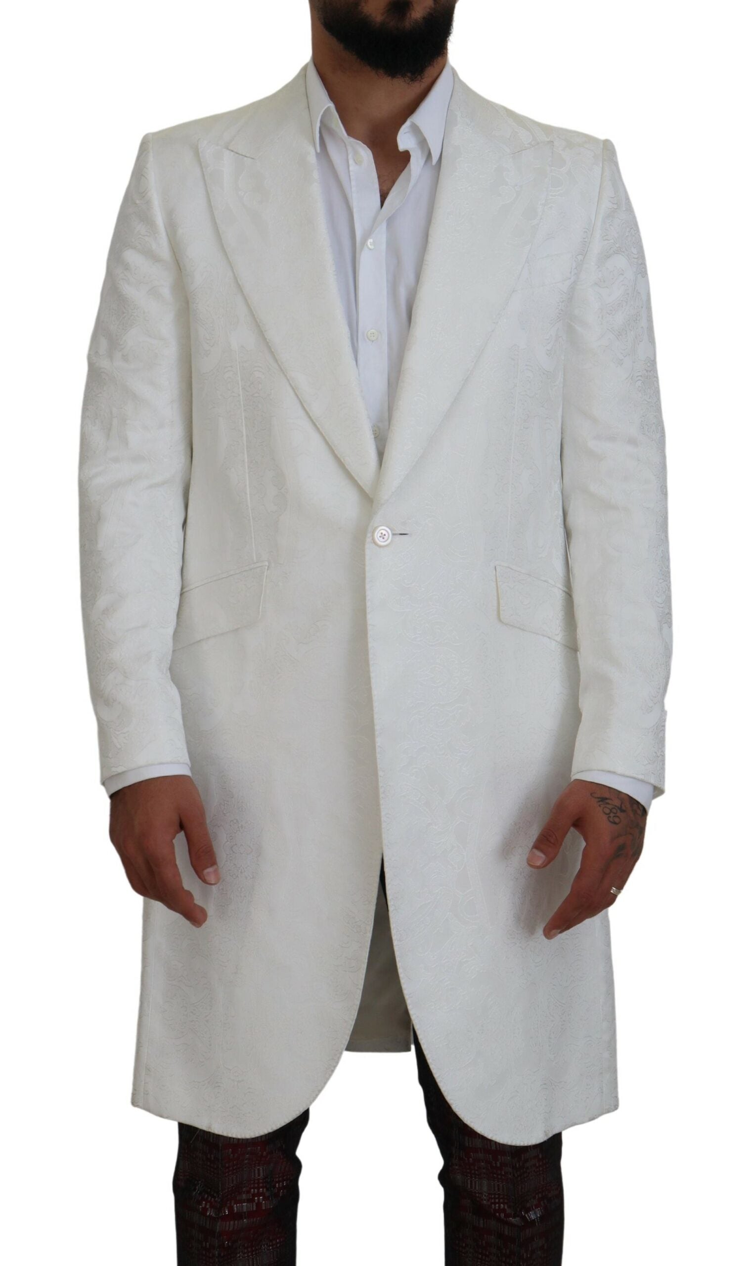 White Floral Brocade Trench Coat Jacket - ventzia