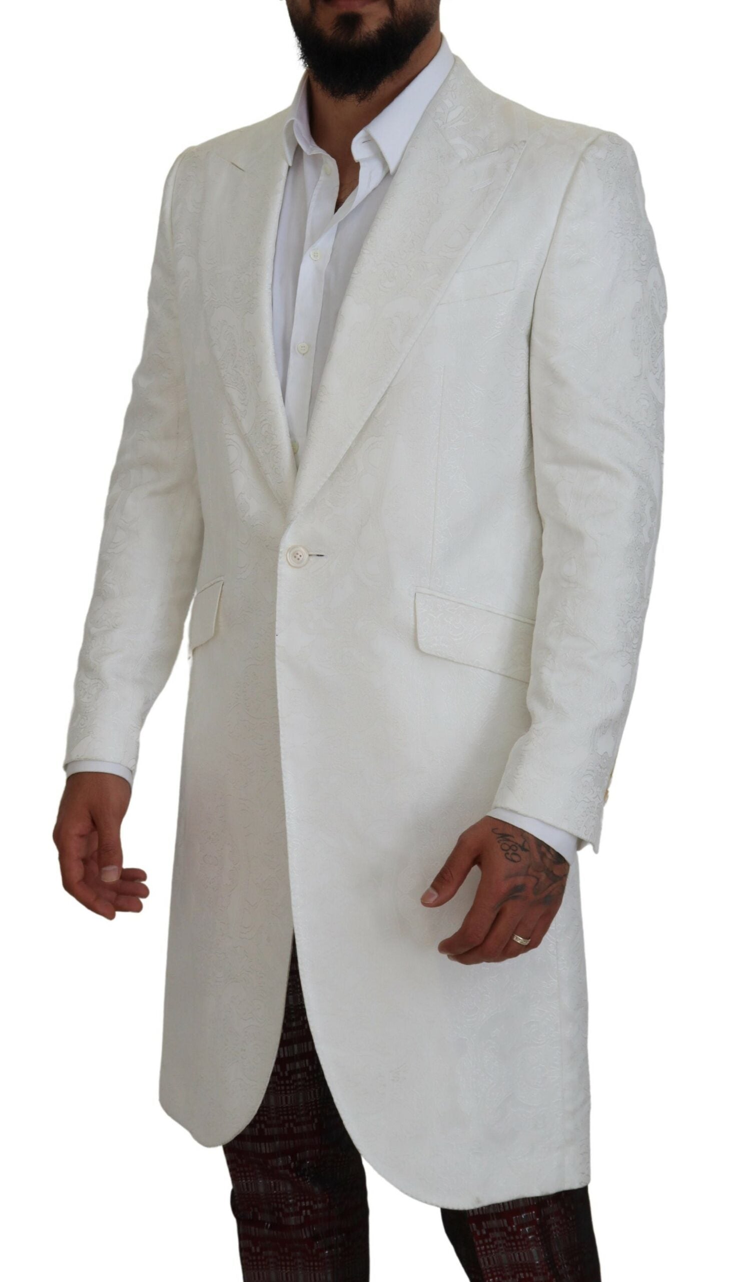 White Floral Brocade Trench Coat Jacket - ventzia