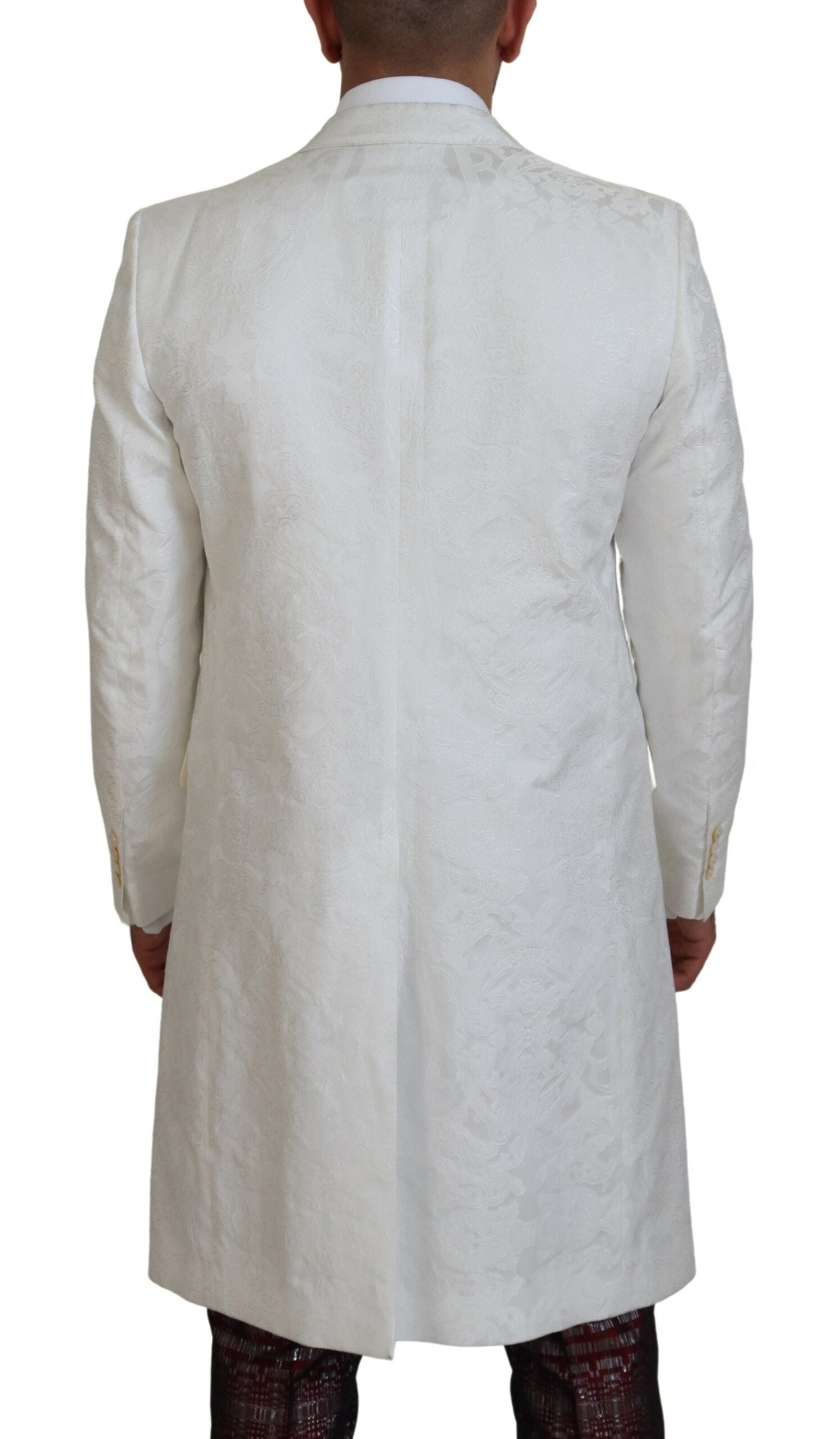 White Floral Brocade Trench Coat Jacket - ventzia