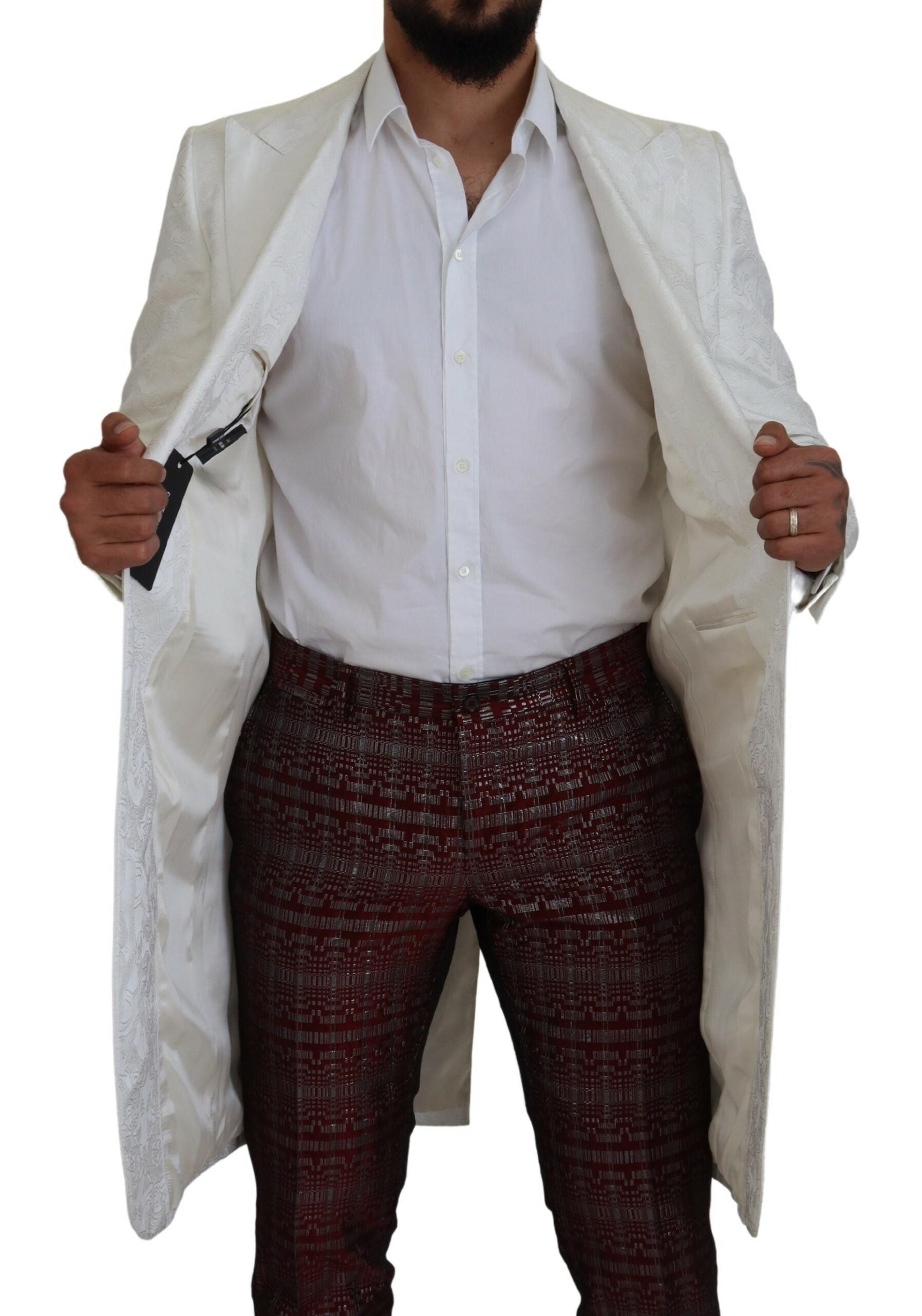 White Floral Brocade Trench Coat Jacket - ventzia