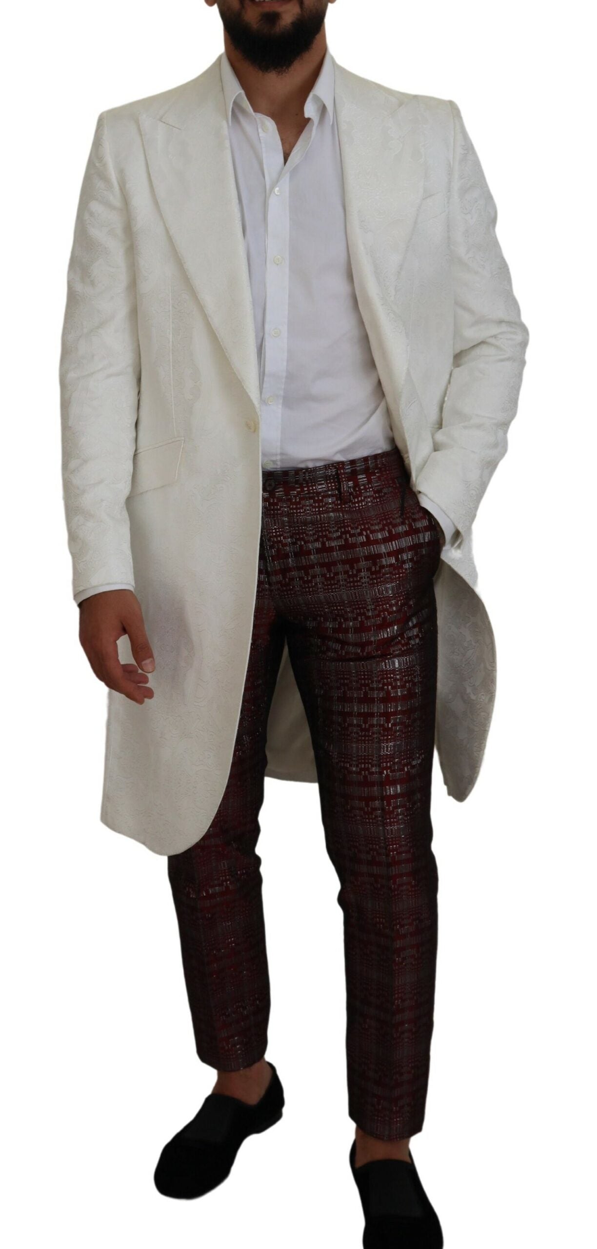 White Floral Brocade Trench Coat Jacket - ventzia