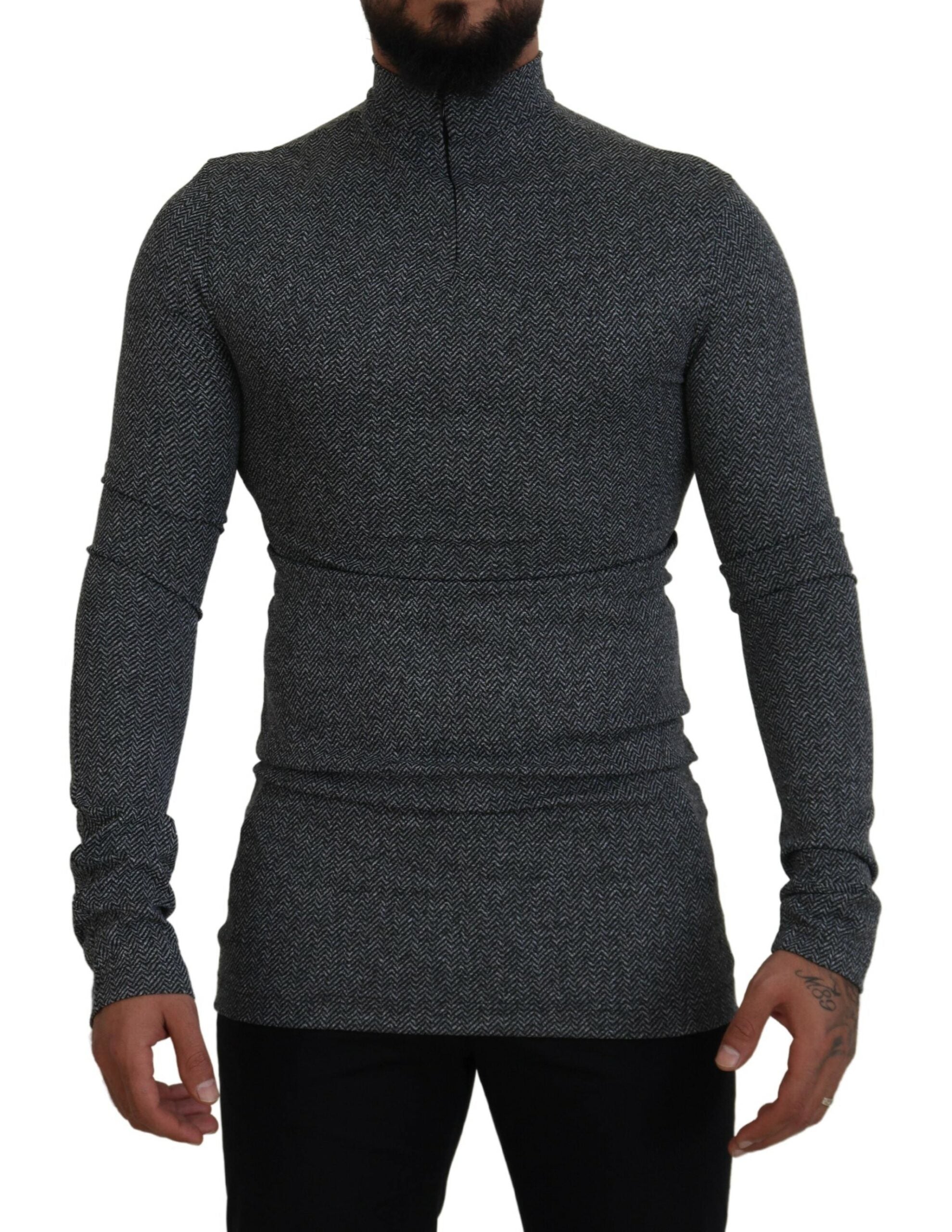 Dark Gray Nylon Turtleneck Pullover Sweater - ventzia