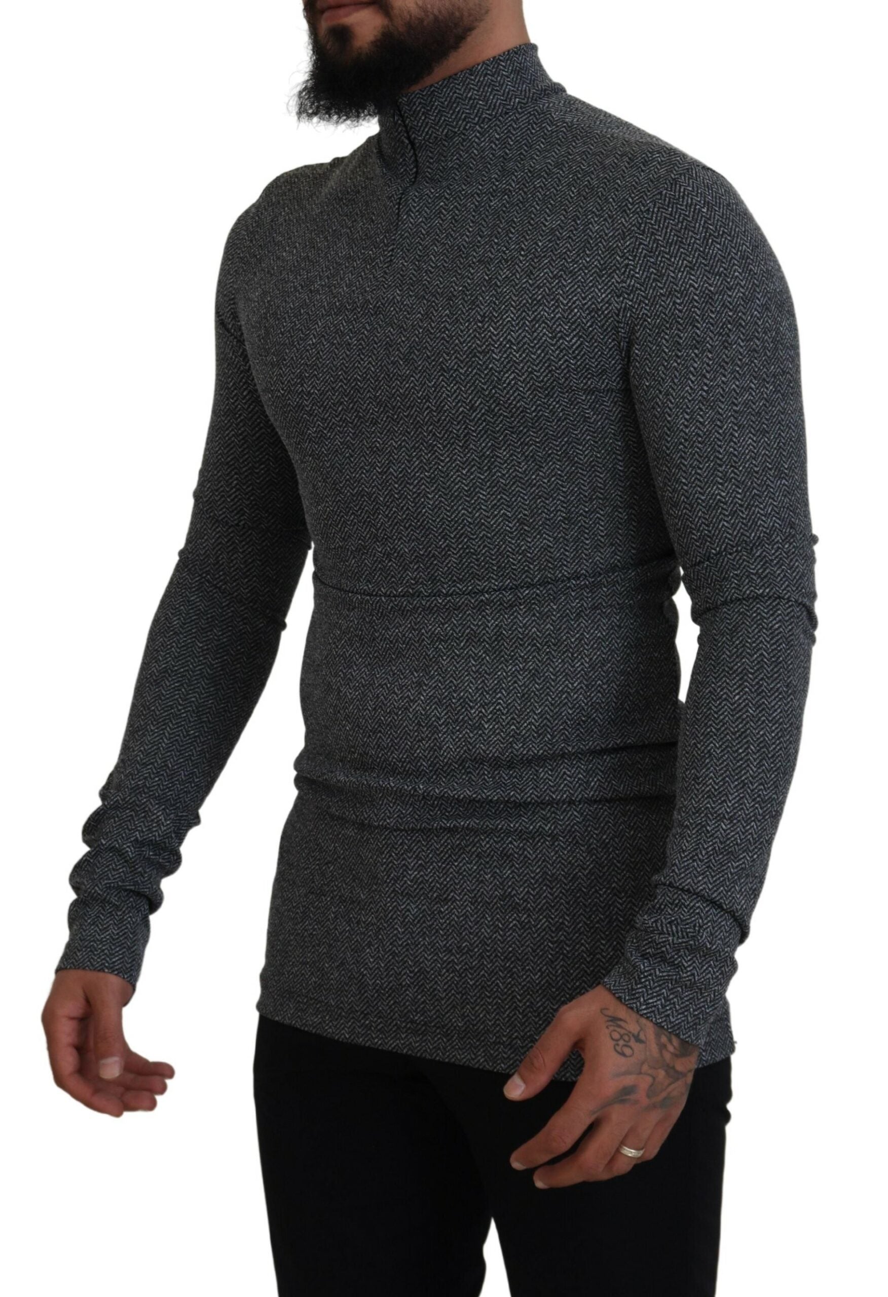 Dark Gray Nylon Turtleneck Pullover Sweater - ventzia