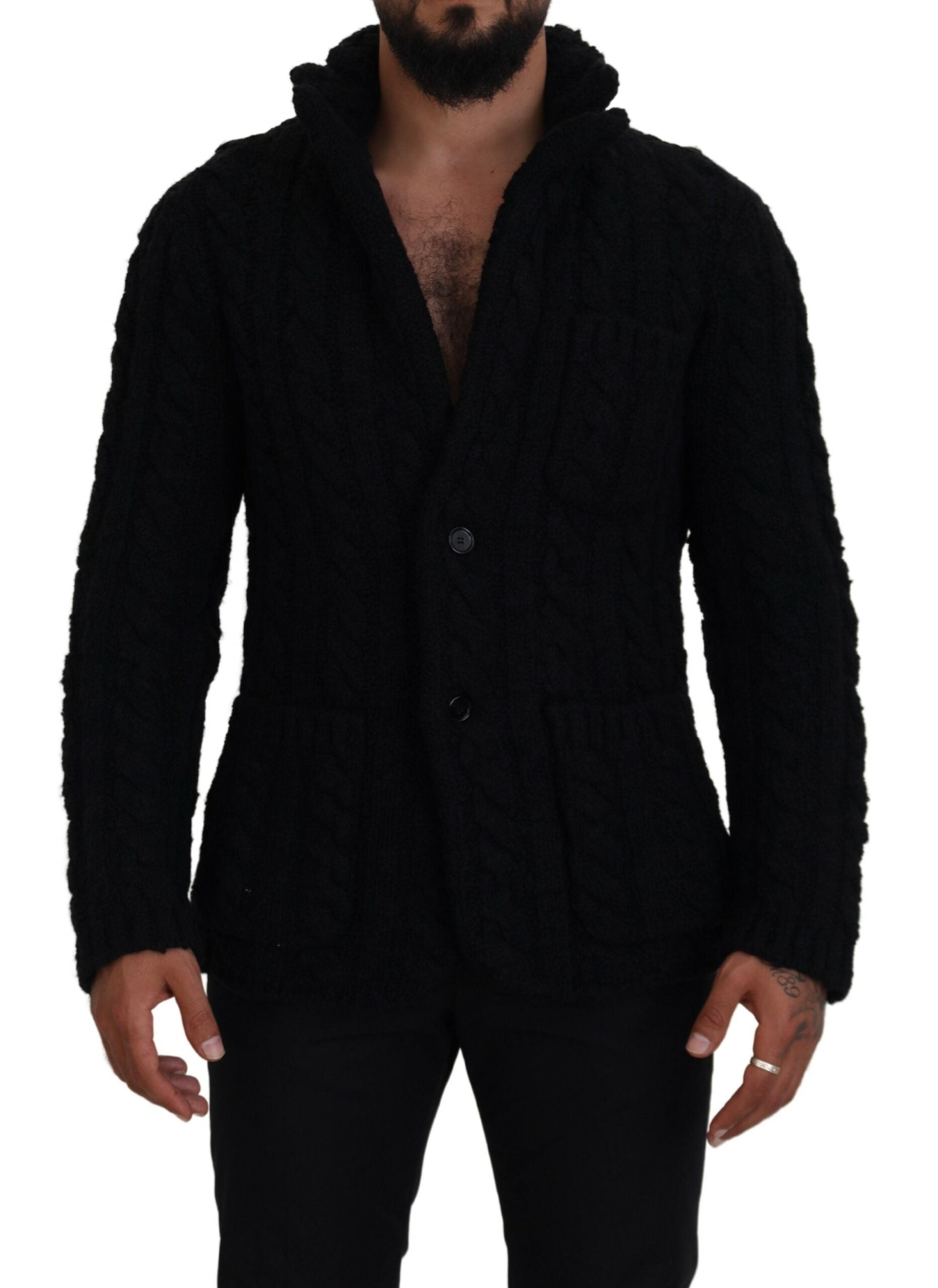 Black Wool Knit Button Cardigan Sweater - ventzia