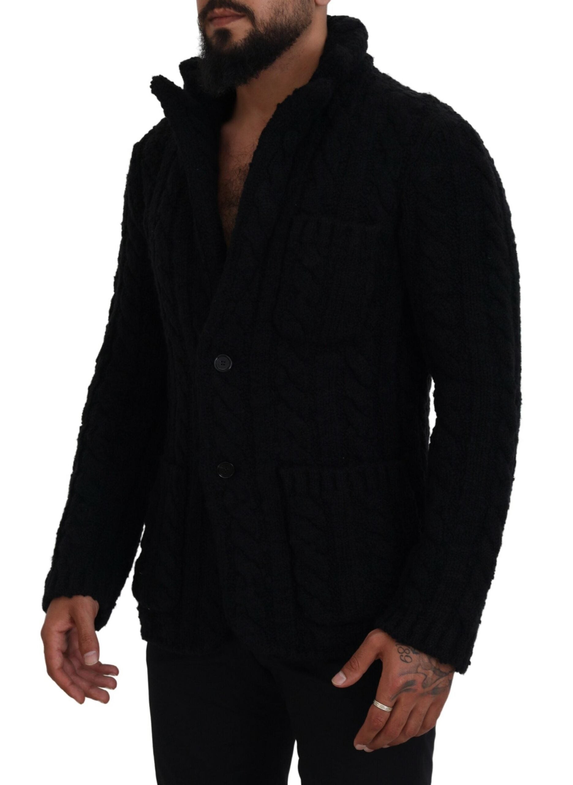 Black Wool Knit Button Cardigan Sweater - ventzia