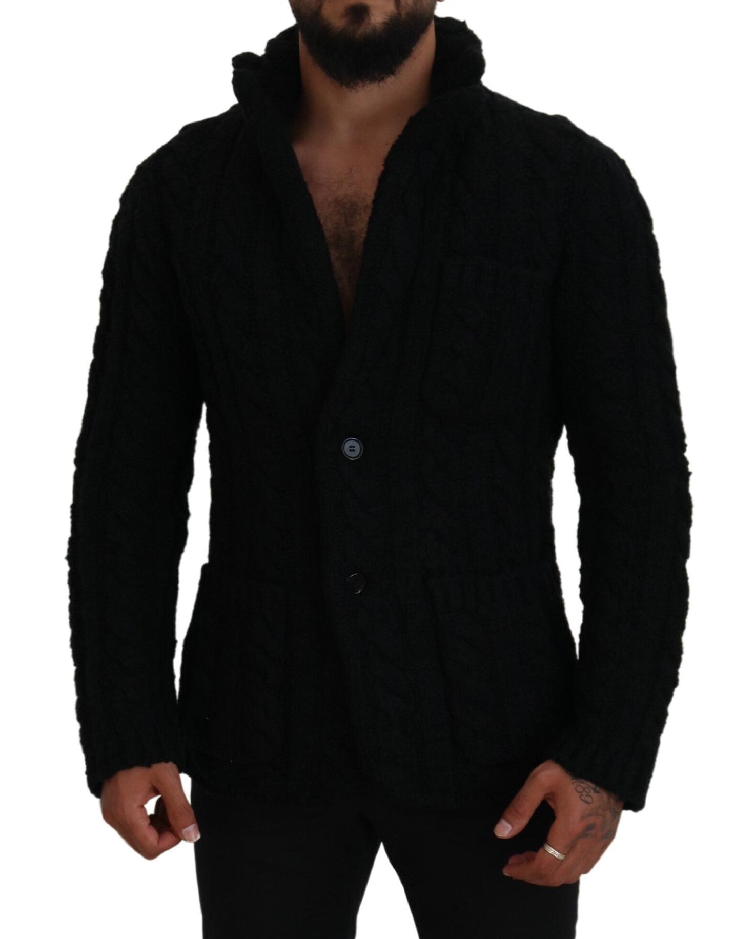 Black Wool Knit Button Cardigan Sweater - ventzia
