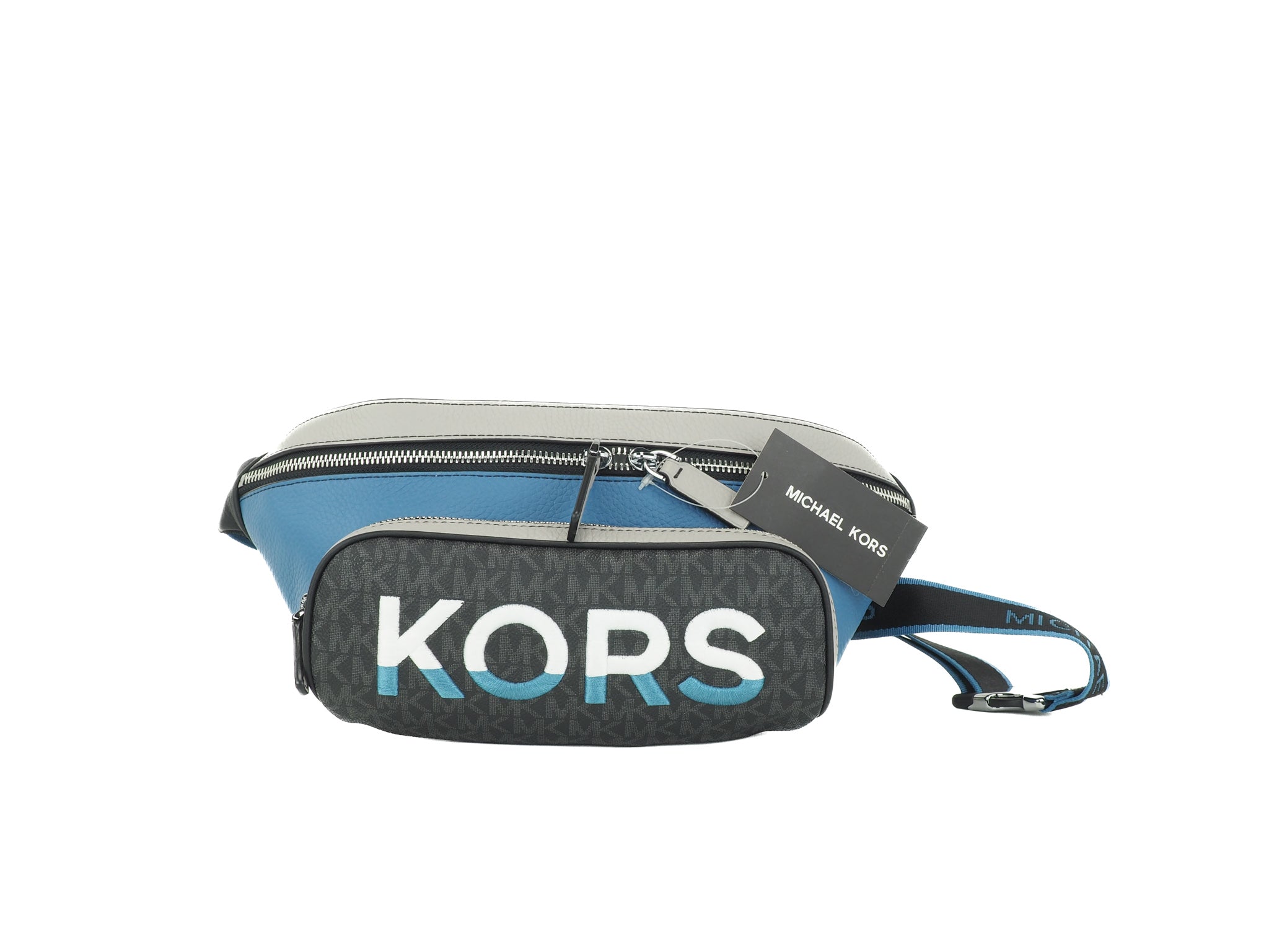 Cooper Large Blue Multi Leather Embroidered Logo Utility Belt Bag - ventzia