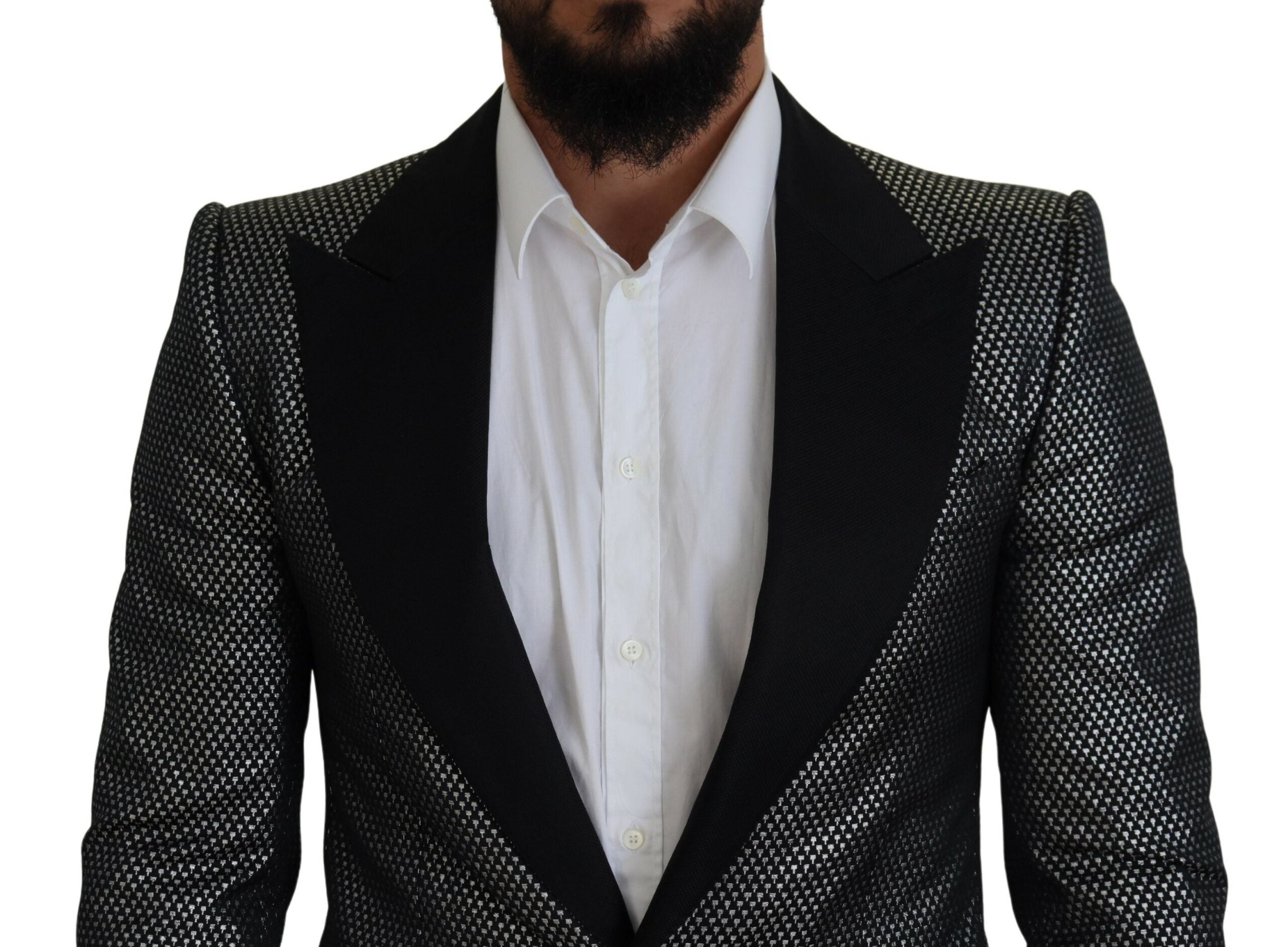 Black Silver Jacquard Slim Fit Jacket Blazer - ventzia