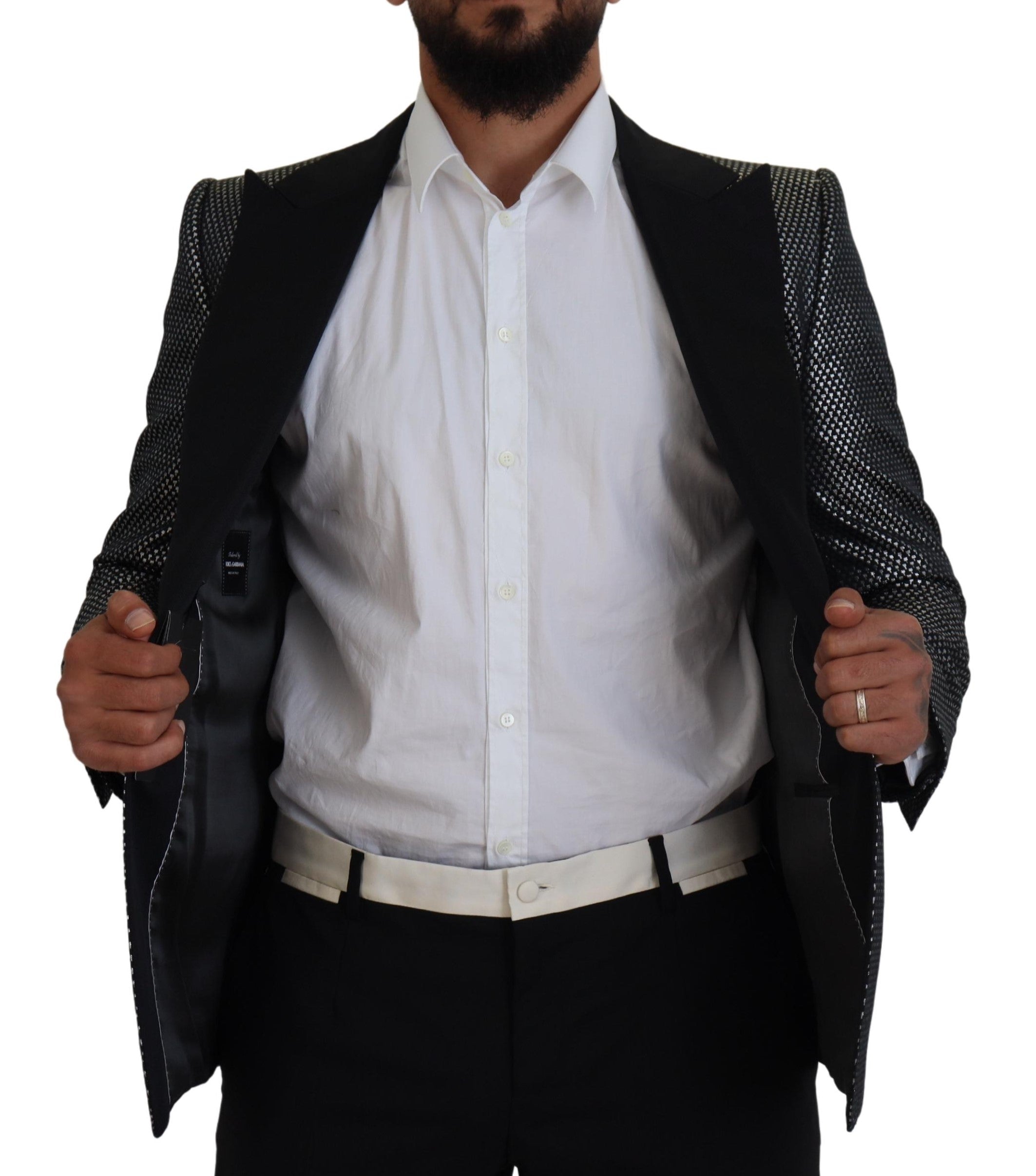 Black Silver Jacquard Slim Fit Jacket Blazer - ventzia