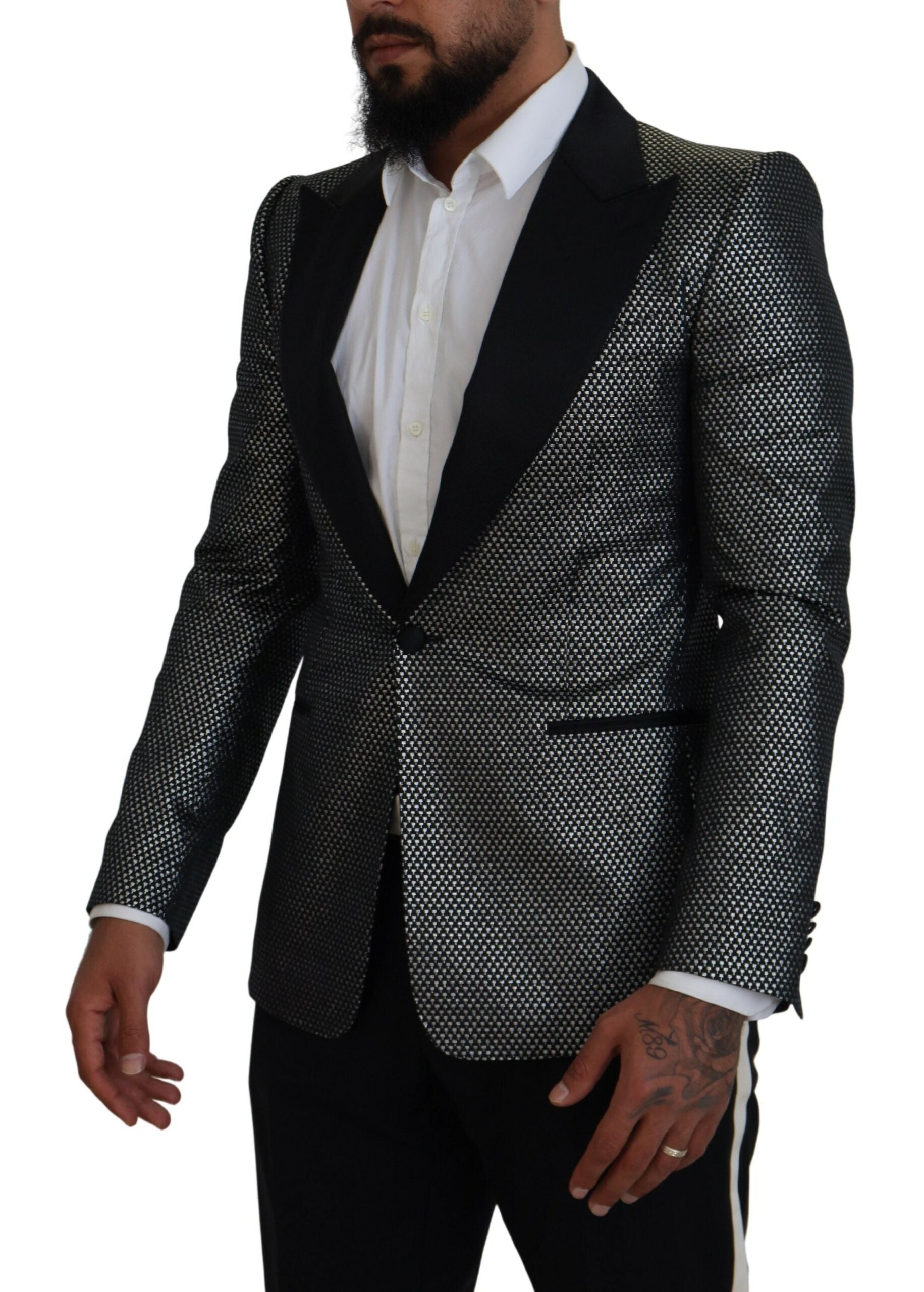 Black Silver Jacquard Slim Fit Jacket Blazer - ventzia
