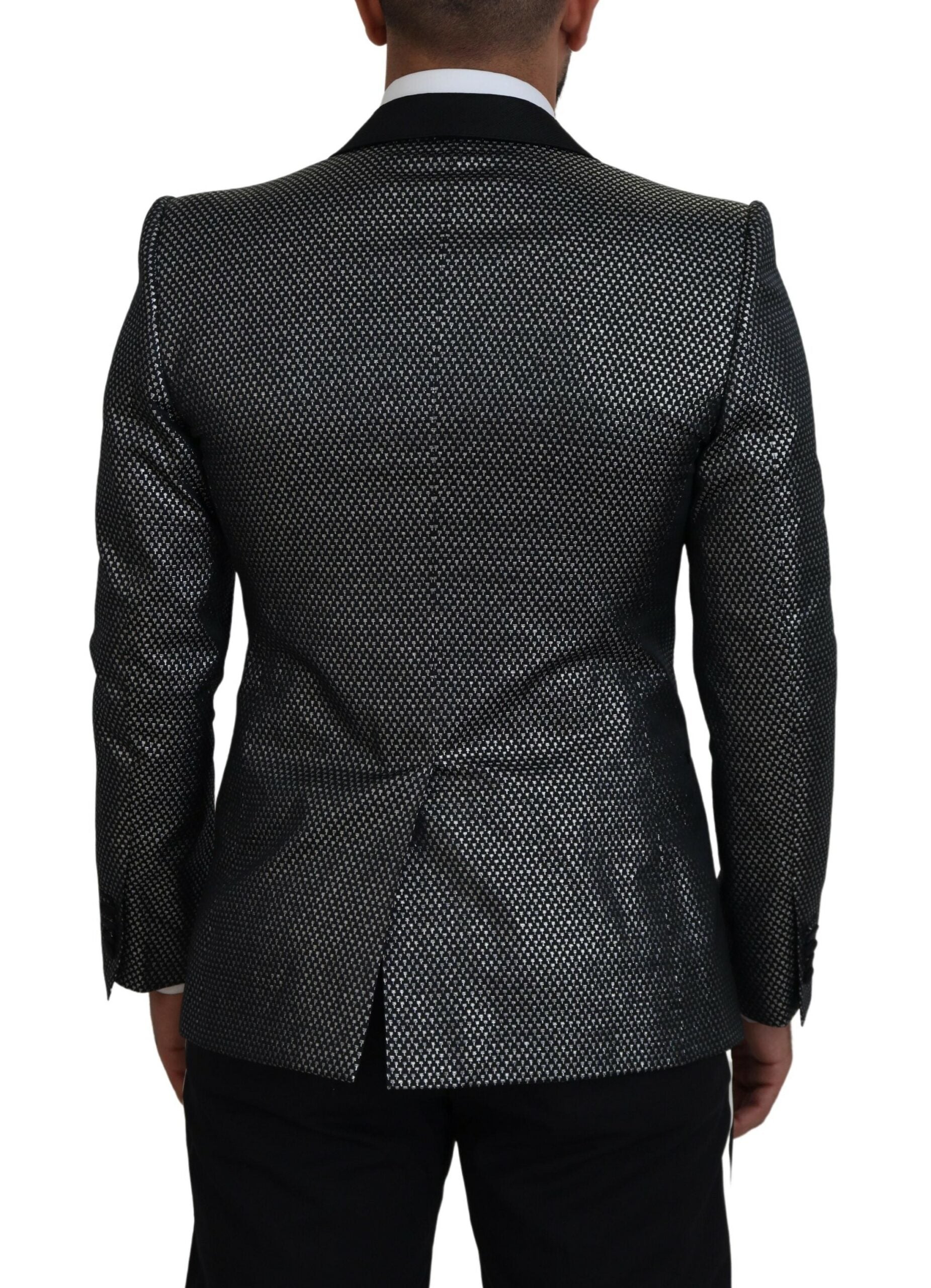 Black Silver Jacquard Slim Fit Jacket Blazer - ventzia