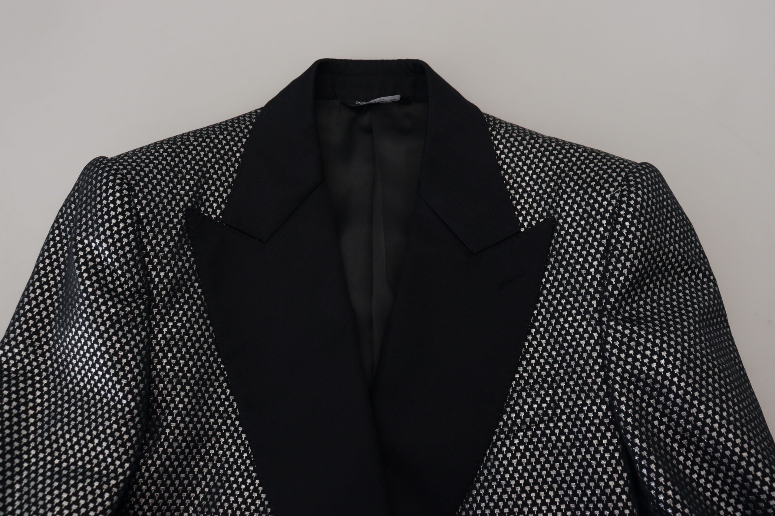 Black Silver Jacquard Slim Fit Jacket Blazer - ventzia