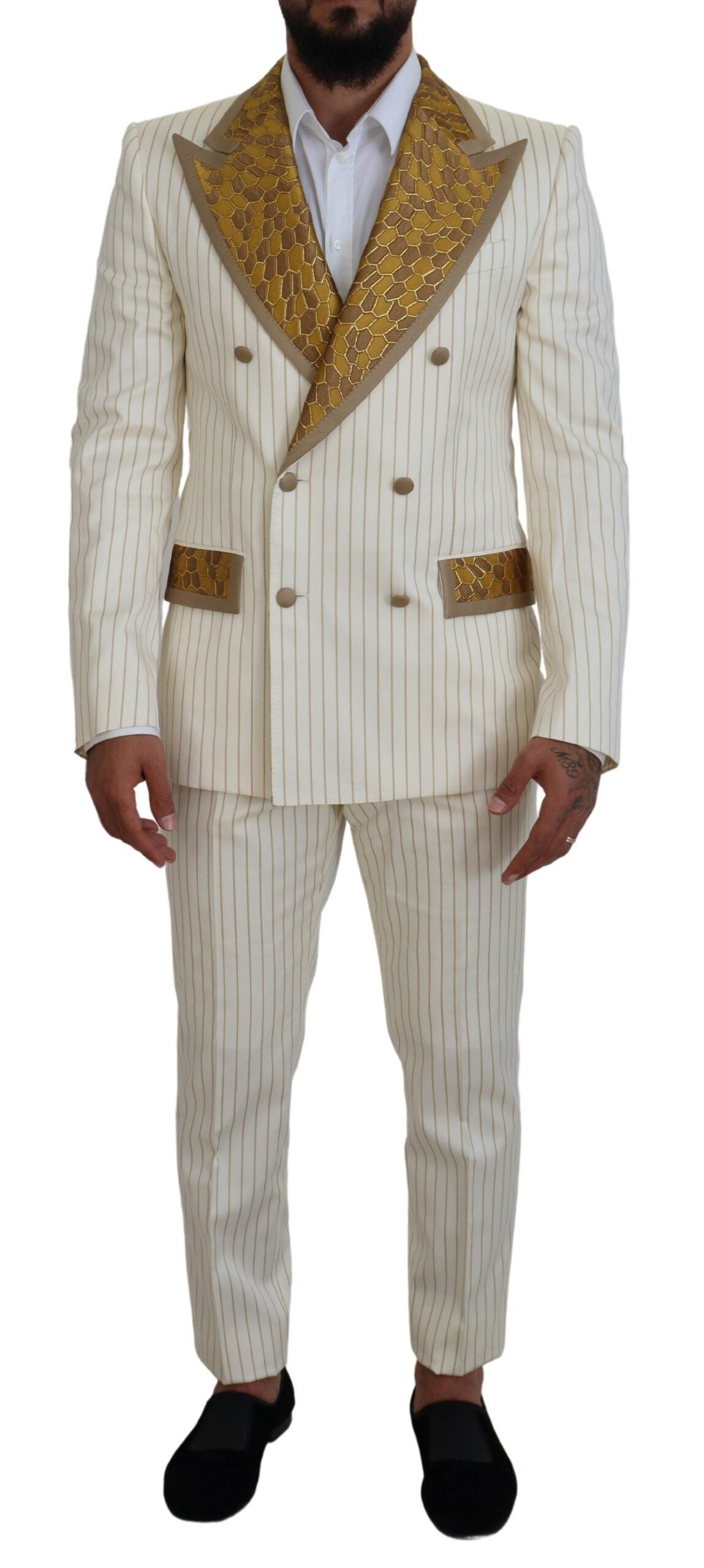 Off White Gold Striped Tuxedo Slim Fit Suit - ventzia