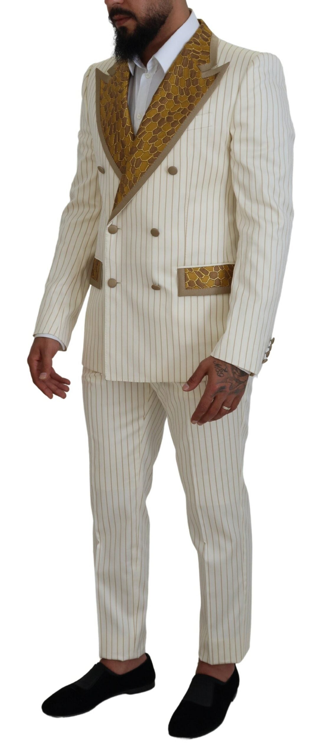 Off White Gold Striped Tuxedo Slim Fit Suit - ventzia