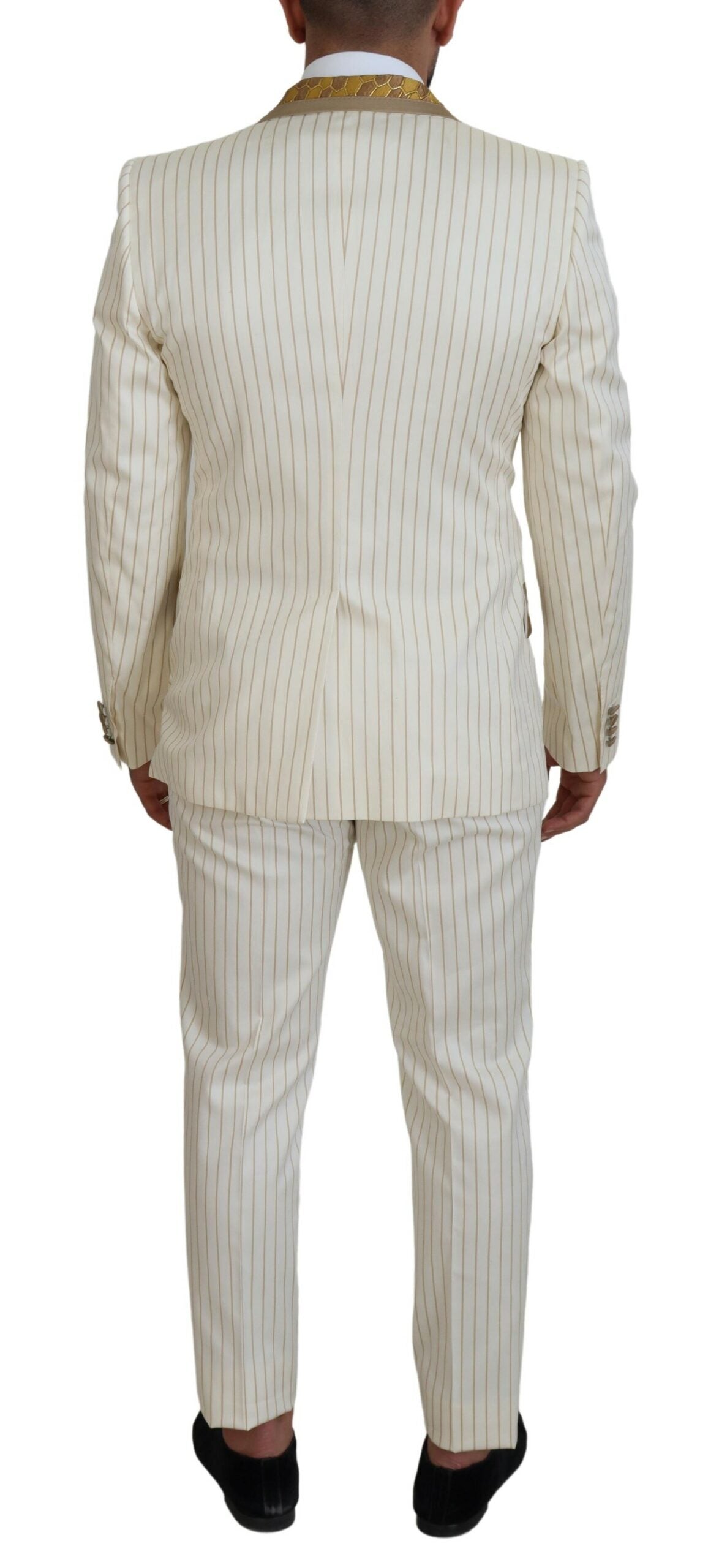 Off White Gold Striped Tuxedo Slim Fit Suit - ventzia
