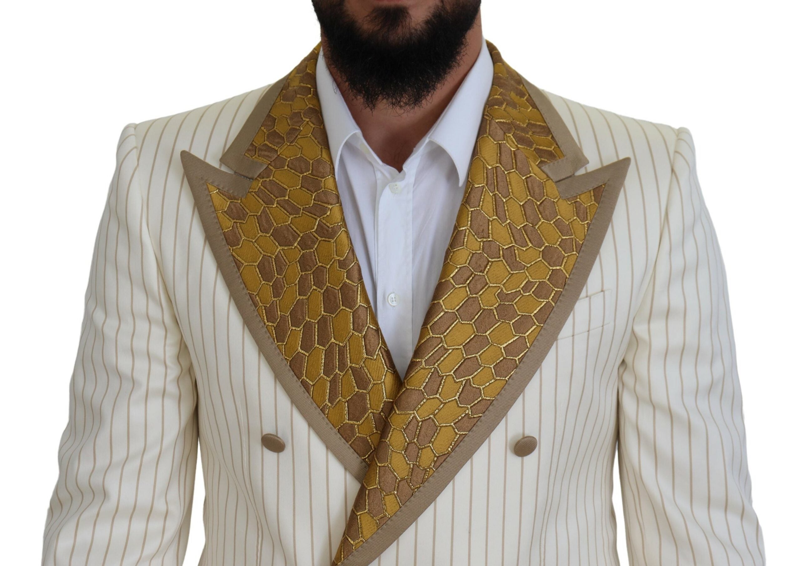 Off White Gold Striped Tuxedo Slim Fit Suit - ventzia