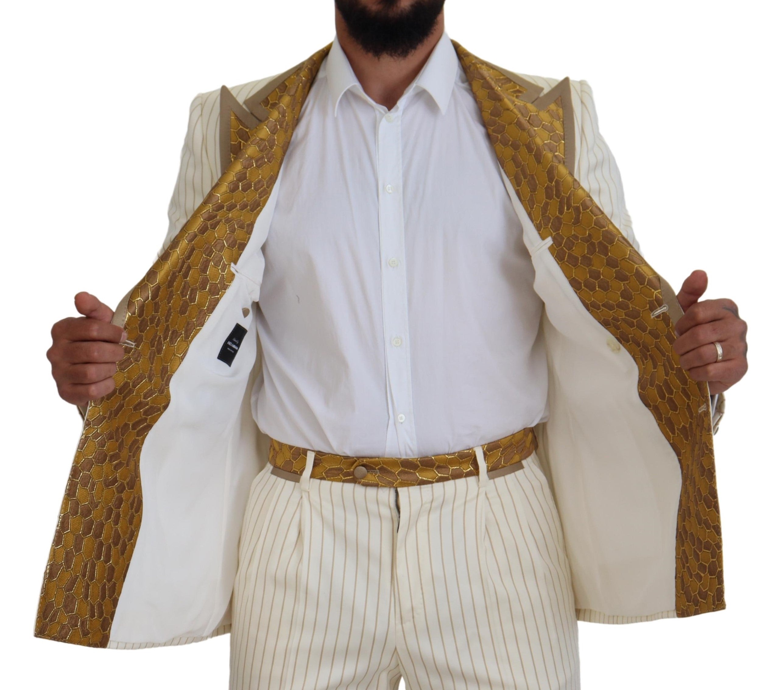 Off White Gold Striped Tuxedo Slim Fit Suit - ventzia