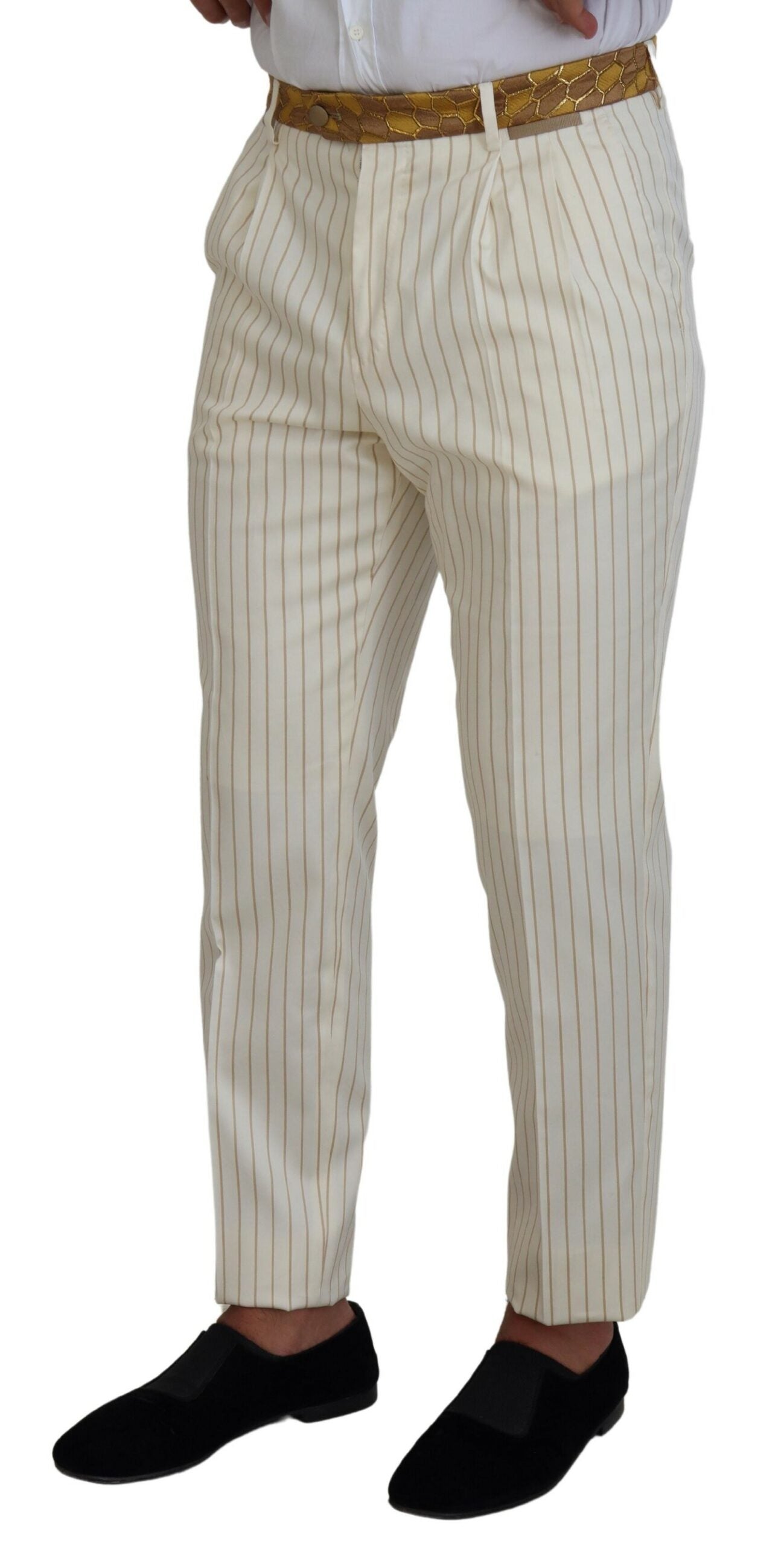 Off White Gold Striped Tuxedo Slim Fit Suit - ventzia