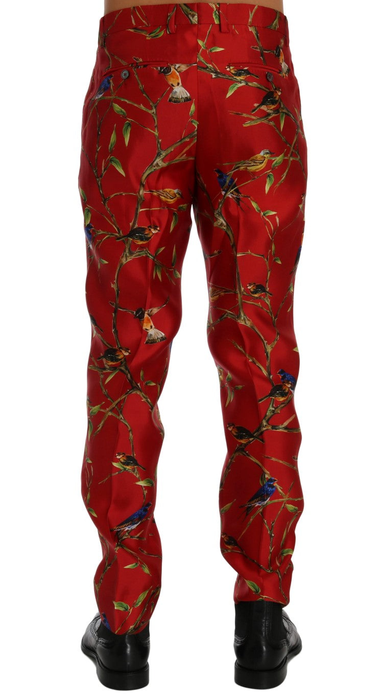 Elegant Silk Dress Trousers in Red Bird Print - ventzia