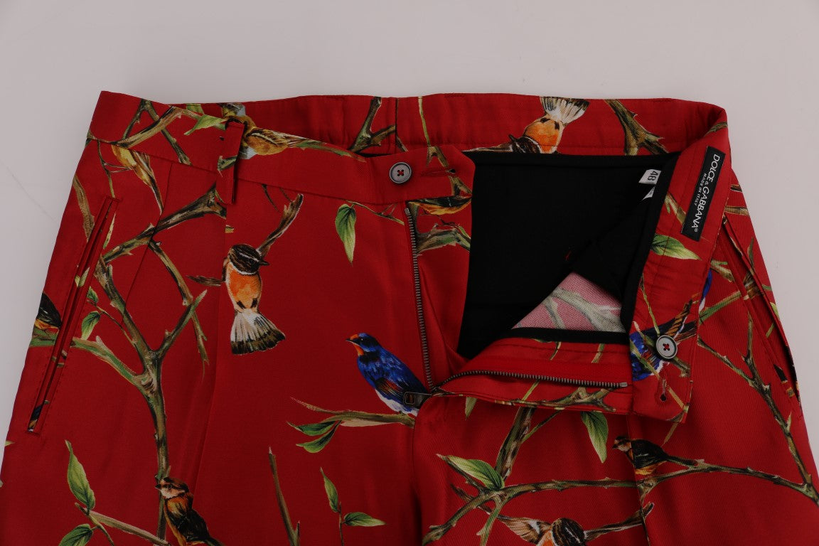 Elegant Silk Dress Trousers in Red Bird Print - ventzia