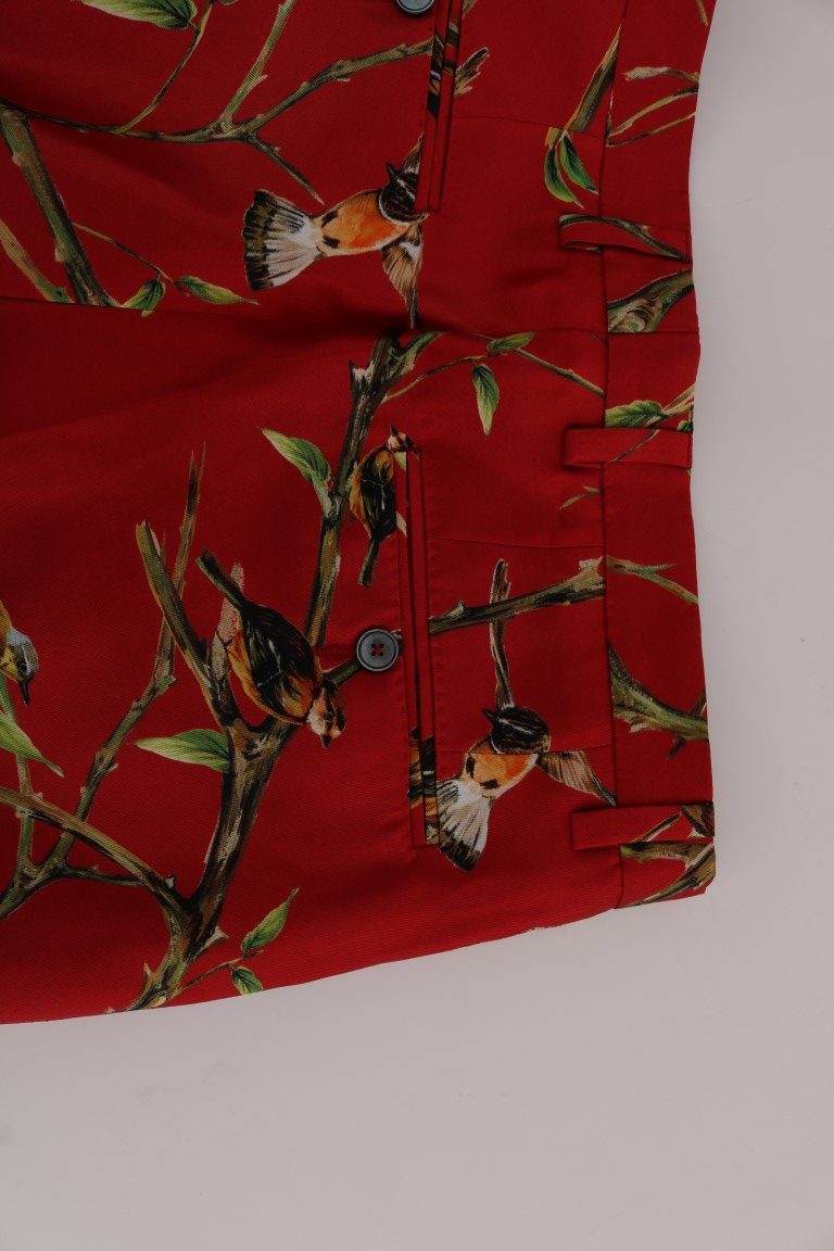 Elegant Silk Dress Trousers in Red Bird Print - ventzia