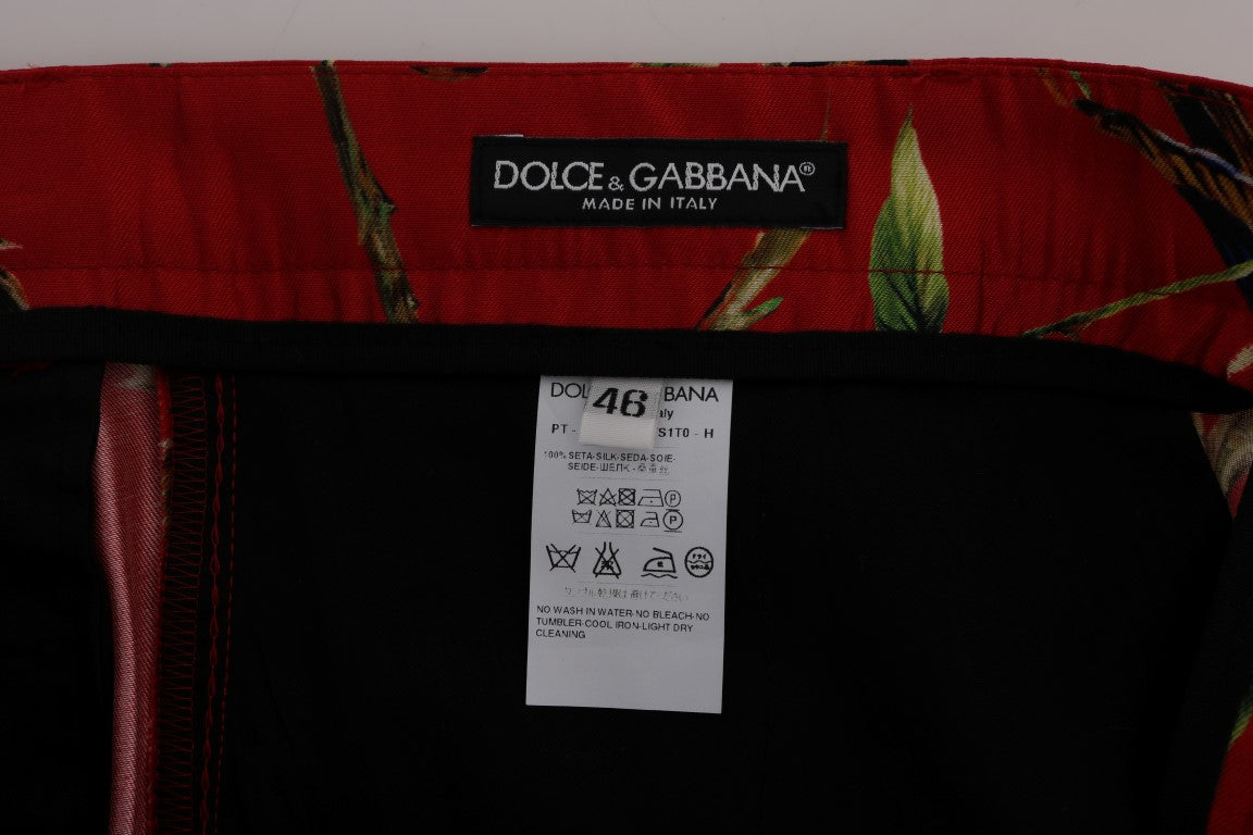 Elegant Silk Dress Trousers in Red Bird Print - ventzia