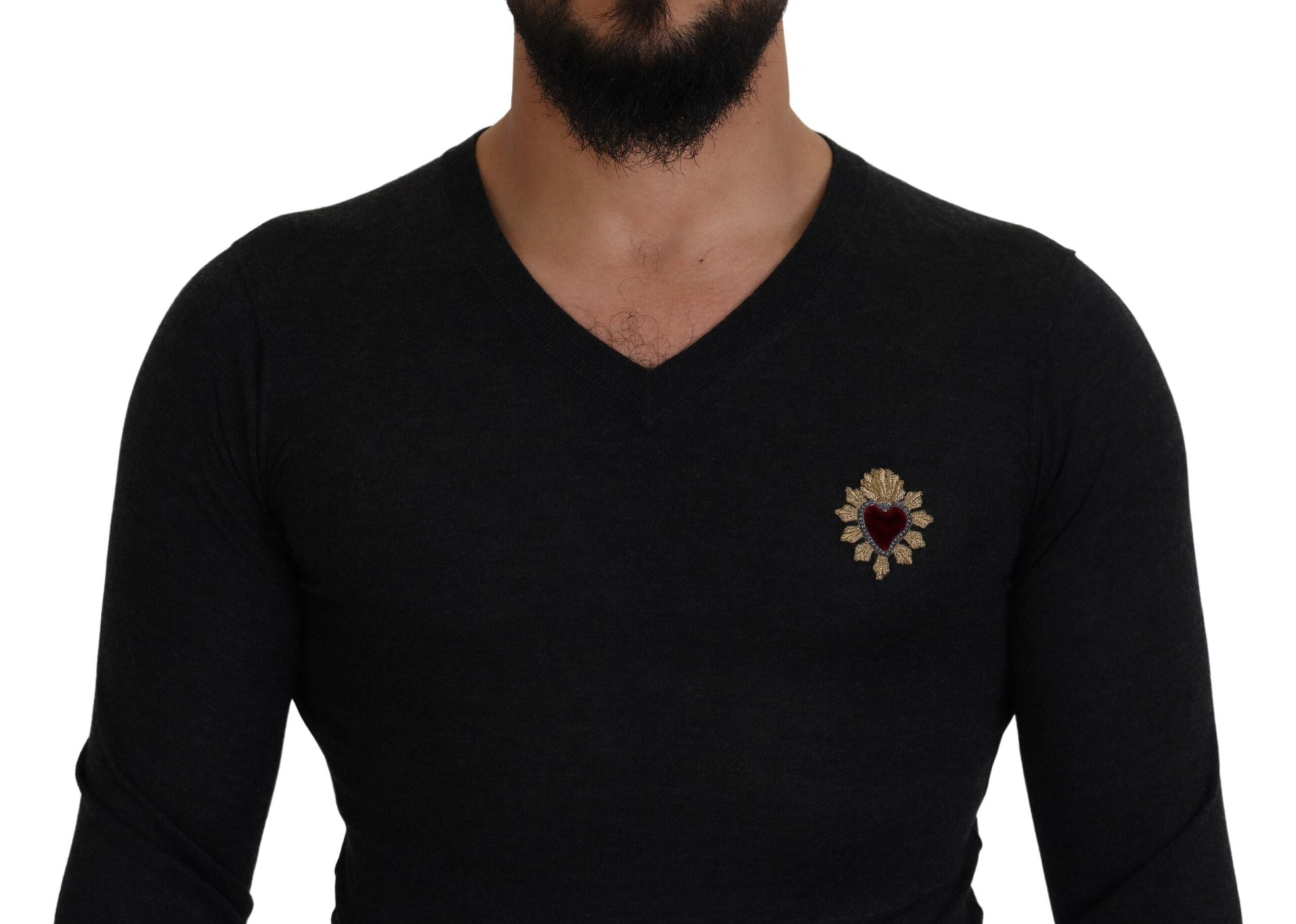 Gray Cashmere V-neck Gold Heart Sweater - ventzia