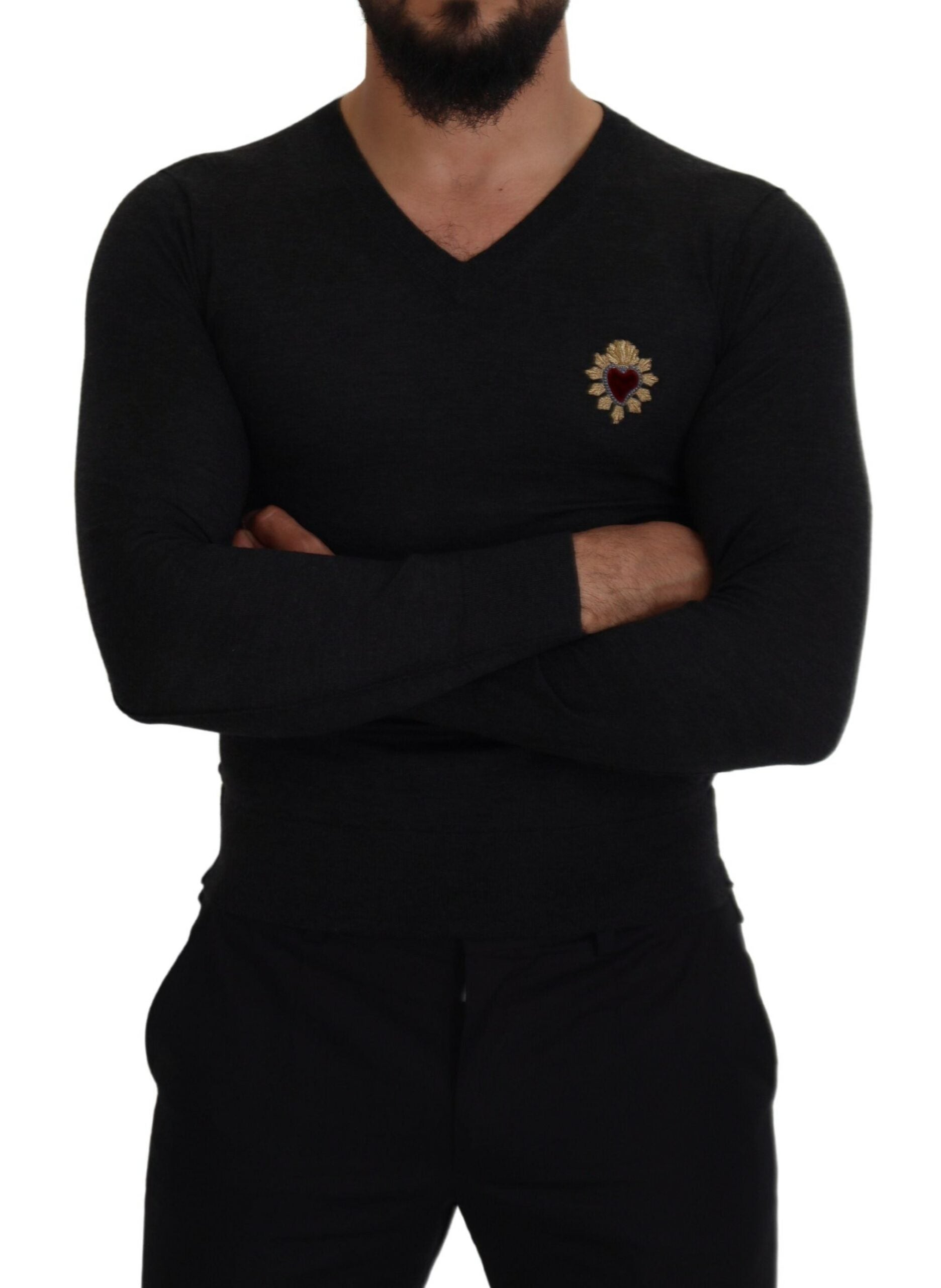 Gray Cashmere V-neck Gold Heart Sweater - ventzia
