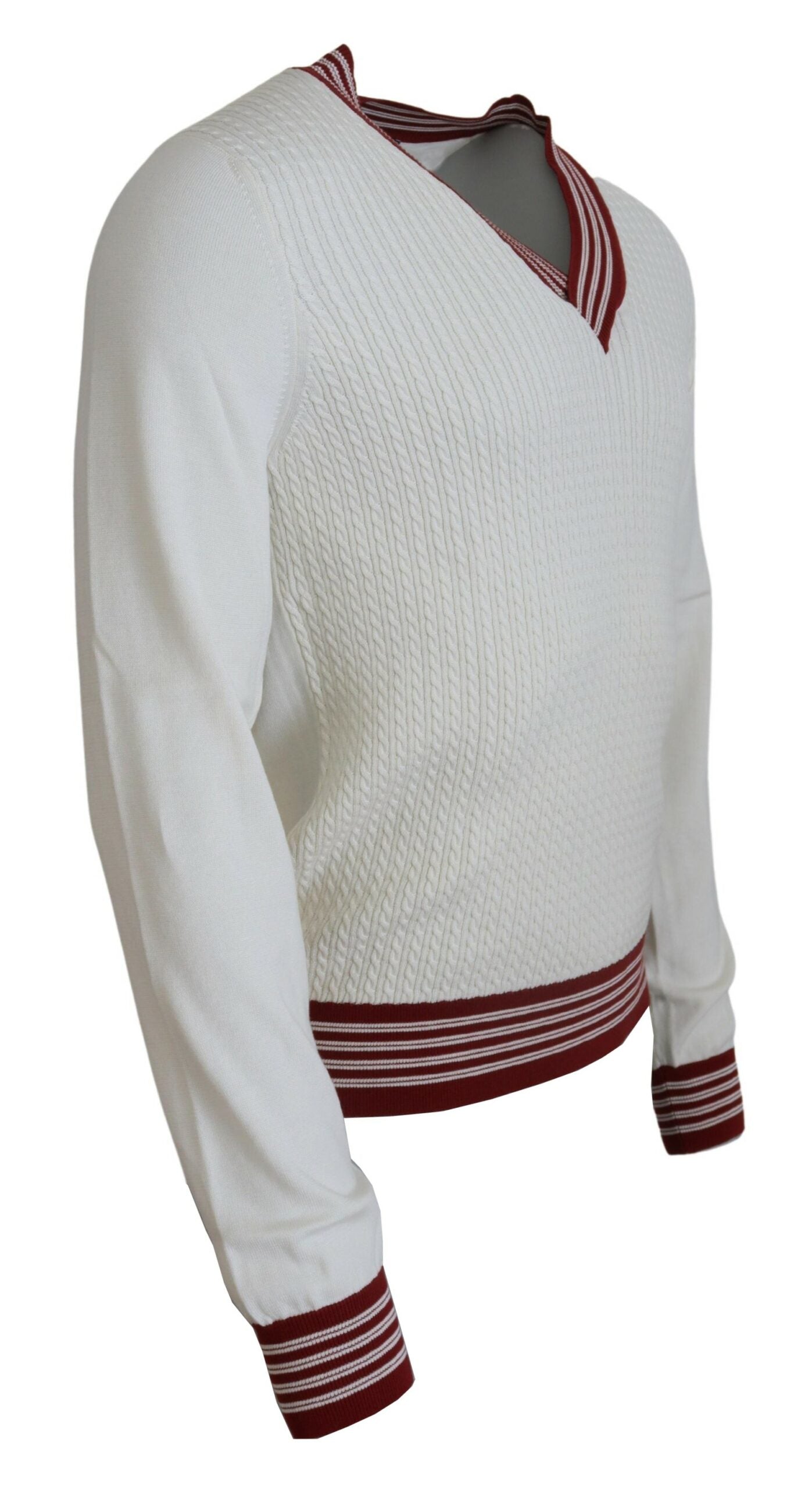 White Red Knitted V-neck Pullover Sweater - ventzia