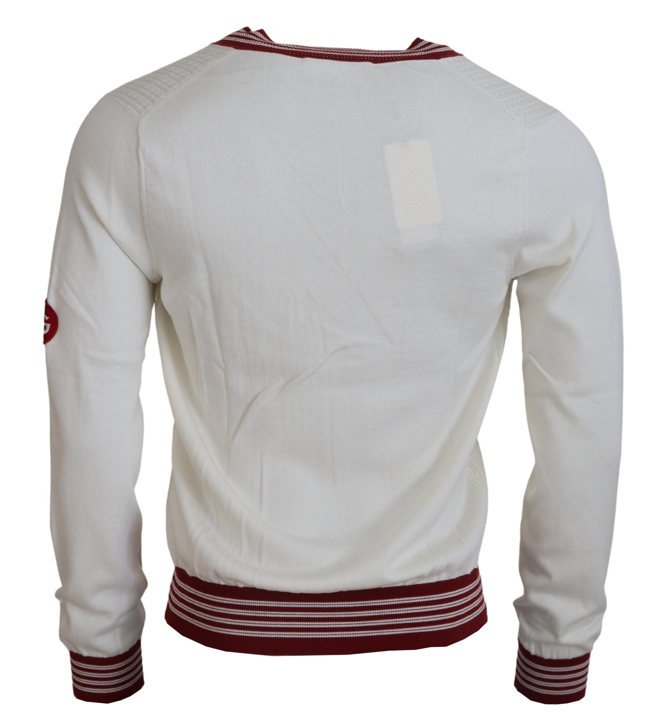 White Red Knitted V-neck Pullover Sweater - ventzia