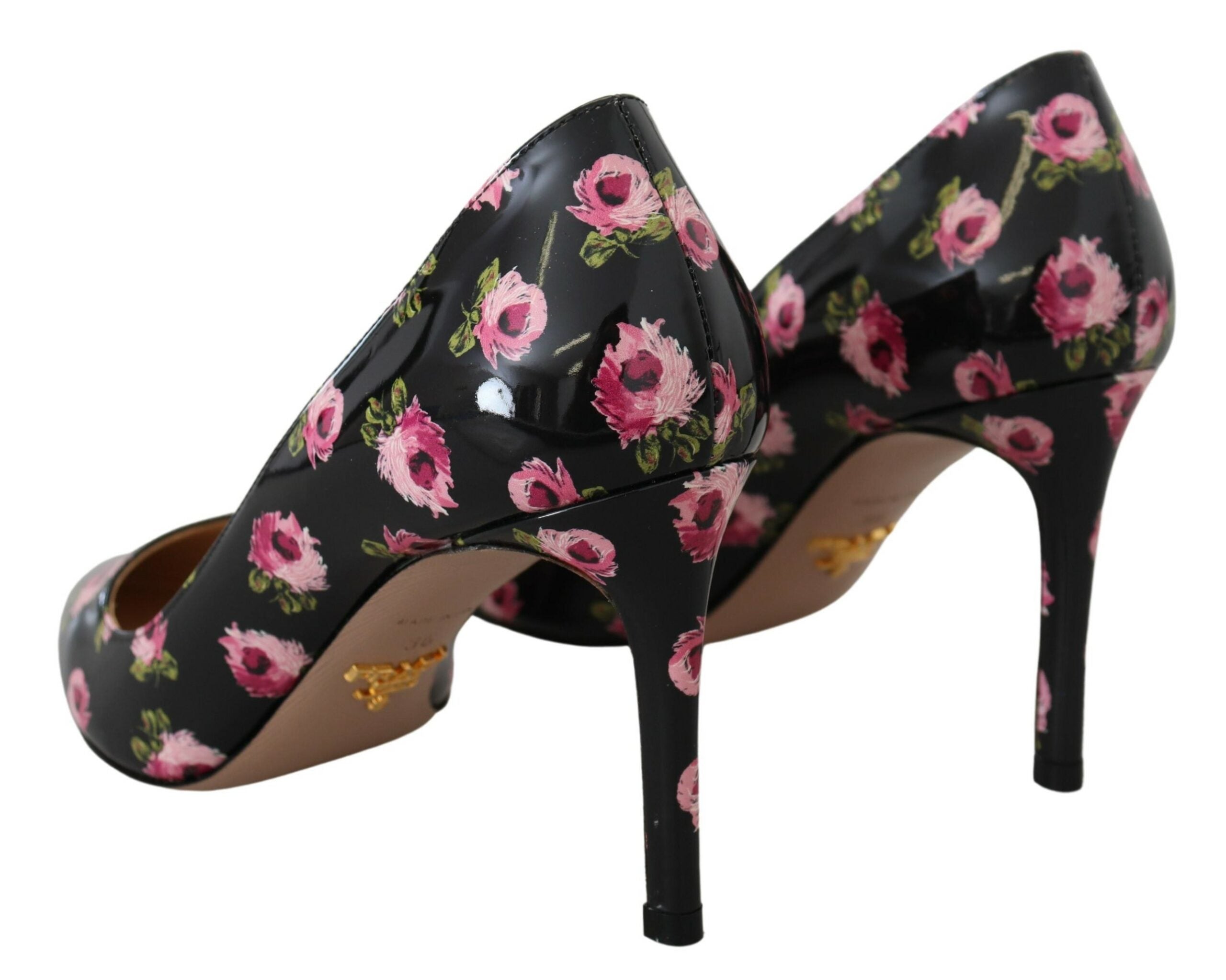 Black Leather Floral Heels Stilettos Pumps - ventzia