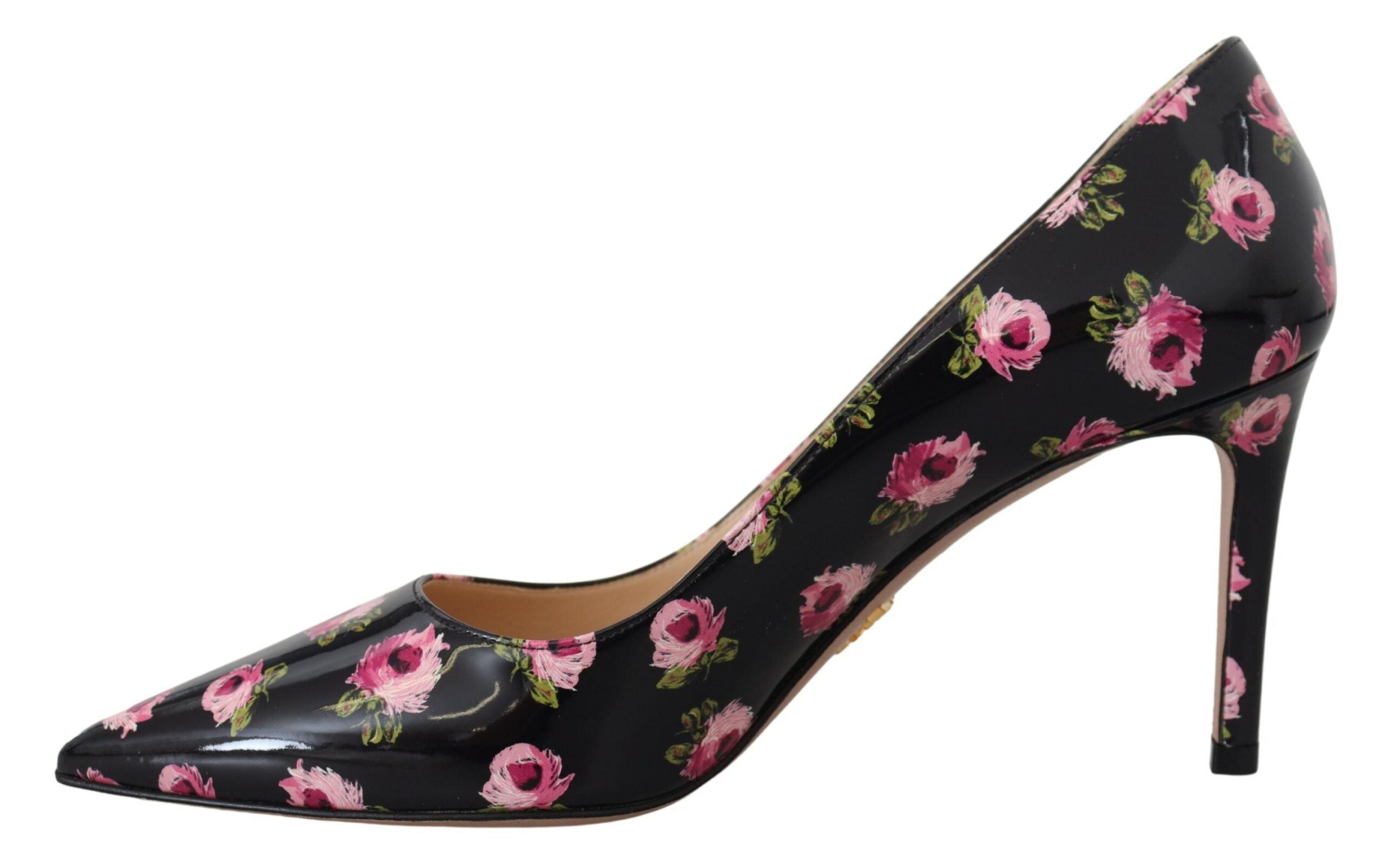 Black Leather Floral Heels Stilettos Pumps - ventzia