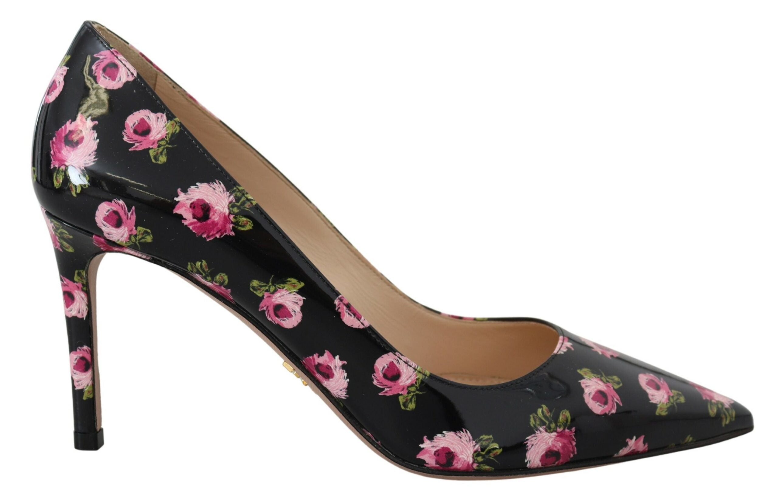 Black Leather Floral Heels Stilettos Pumps - ventzia